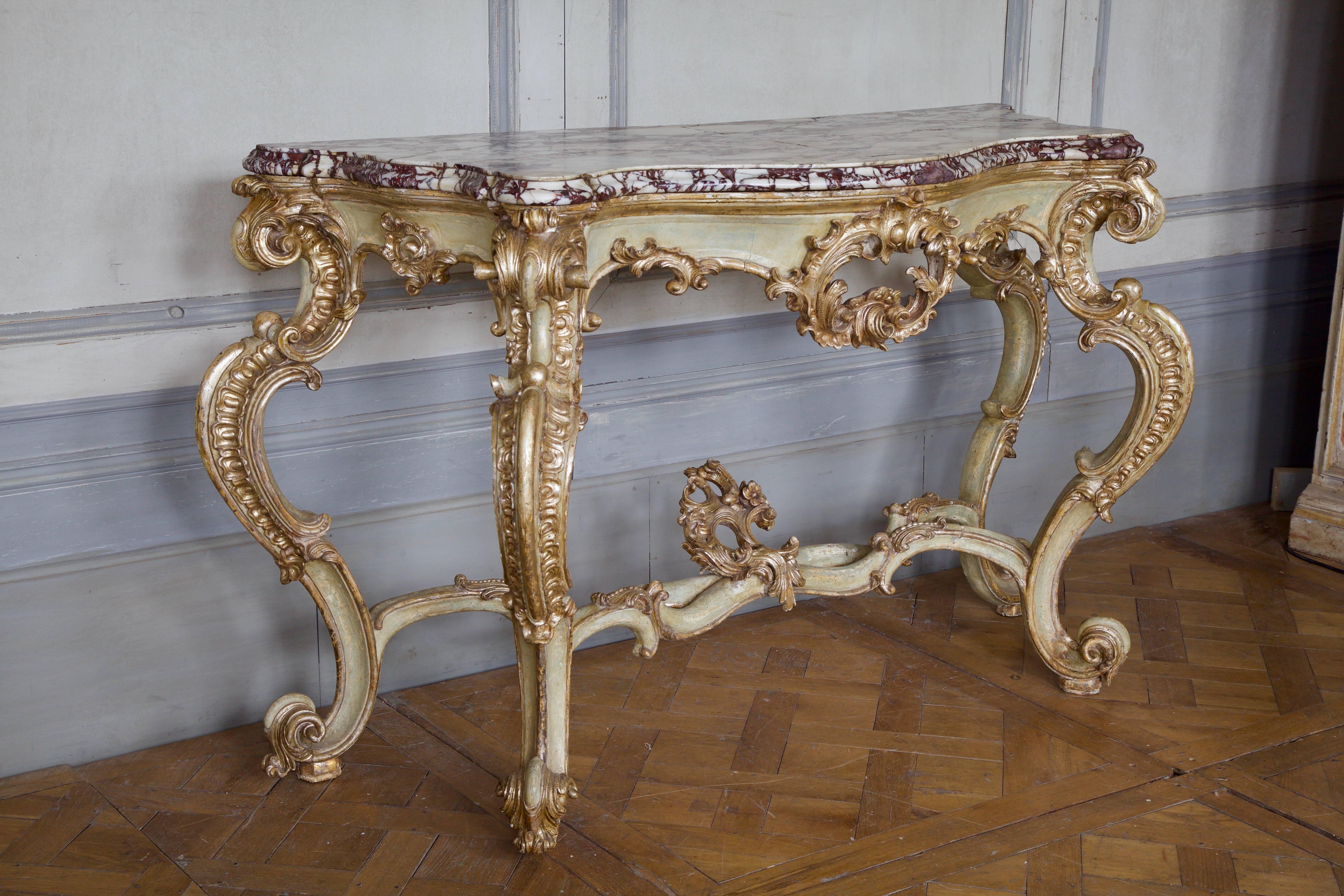 Wood 18th Century Louis XV Silver Gilded and Painted Console For Sale