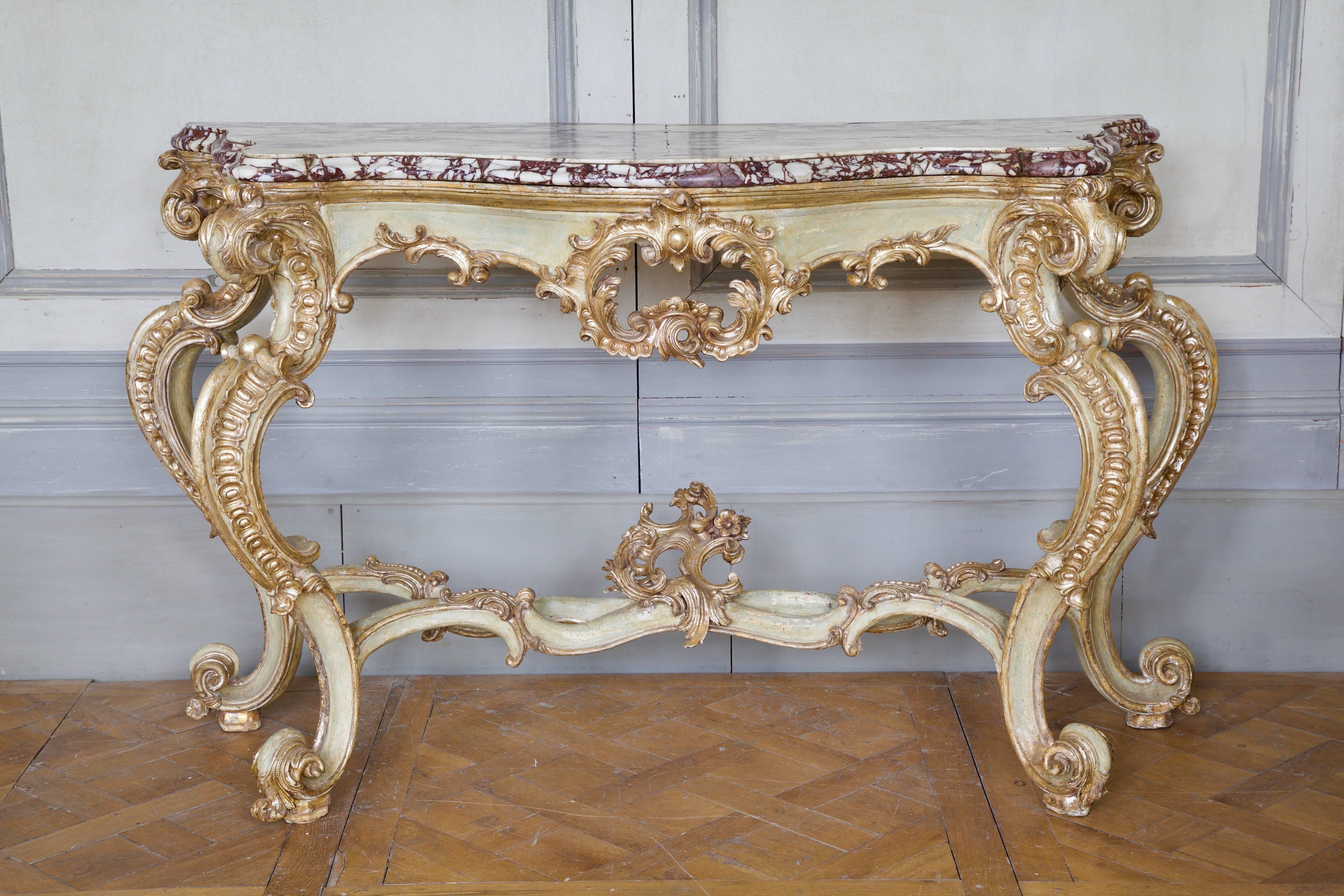 18th Century Louis XV Silver Gilded and Painted Console For Sale 1