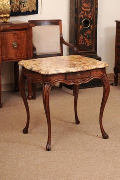 18th Century Louis XV Square Oak Table with Drawer & Breche d’Alep Marble Top