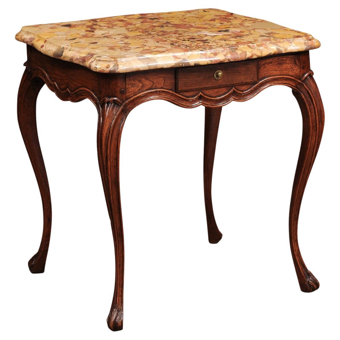 Mesa cuadrada de roble del siglo XVIII Luis XV con cajón y tapa de mármol Breche d'Alep