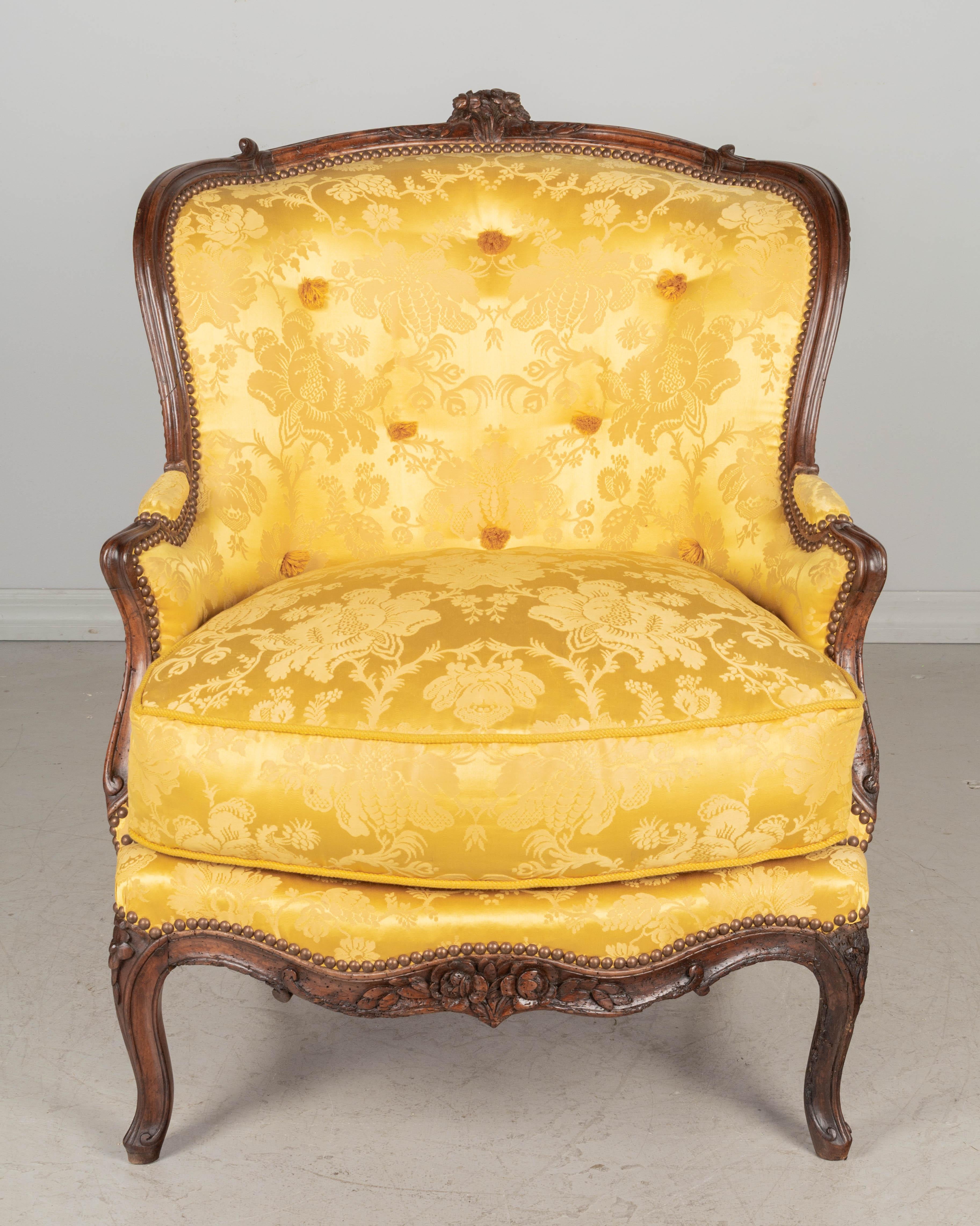 Damask 18th Century Louis XV Style French Bergère, or Armchair For Sale