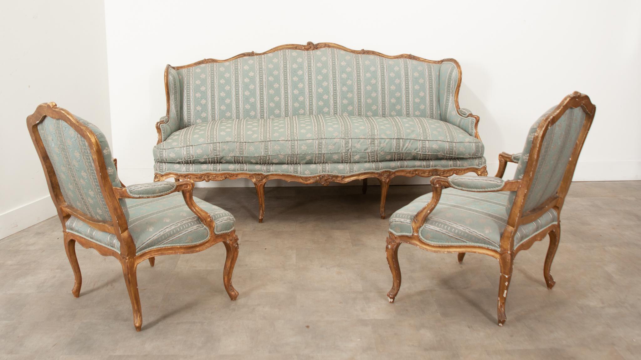 18th Century Louis XV Style Gilt & Upholstered Parlor Set For Sale 5