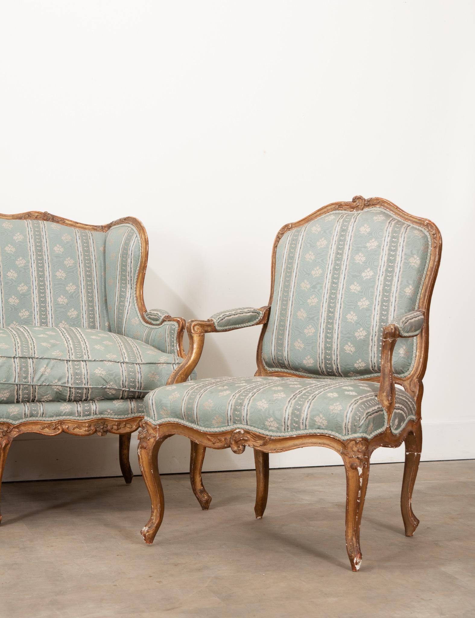 Hand-Carved 18th Century Louis XV Style Gilt & Upholstered Parlor Set For Sale