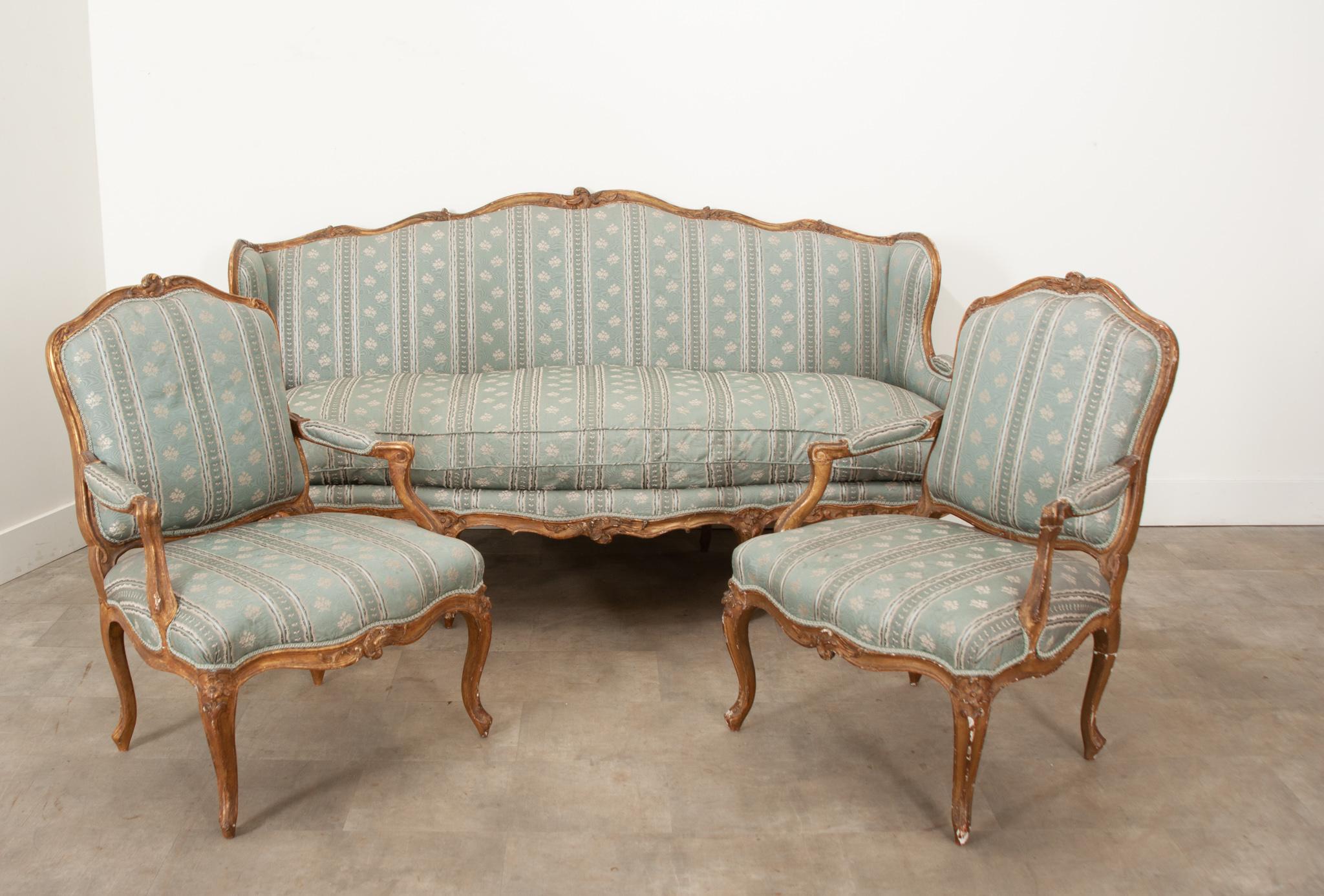 18th Century Louis XV Style Gilt & Upholstered Parlor Set For Sale 2