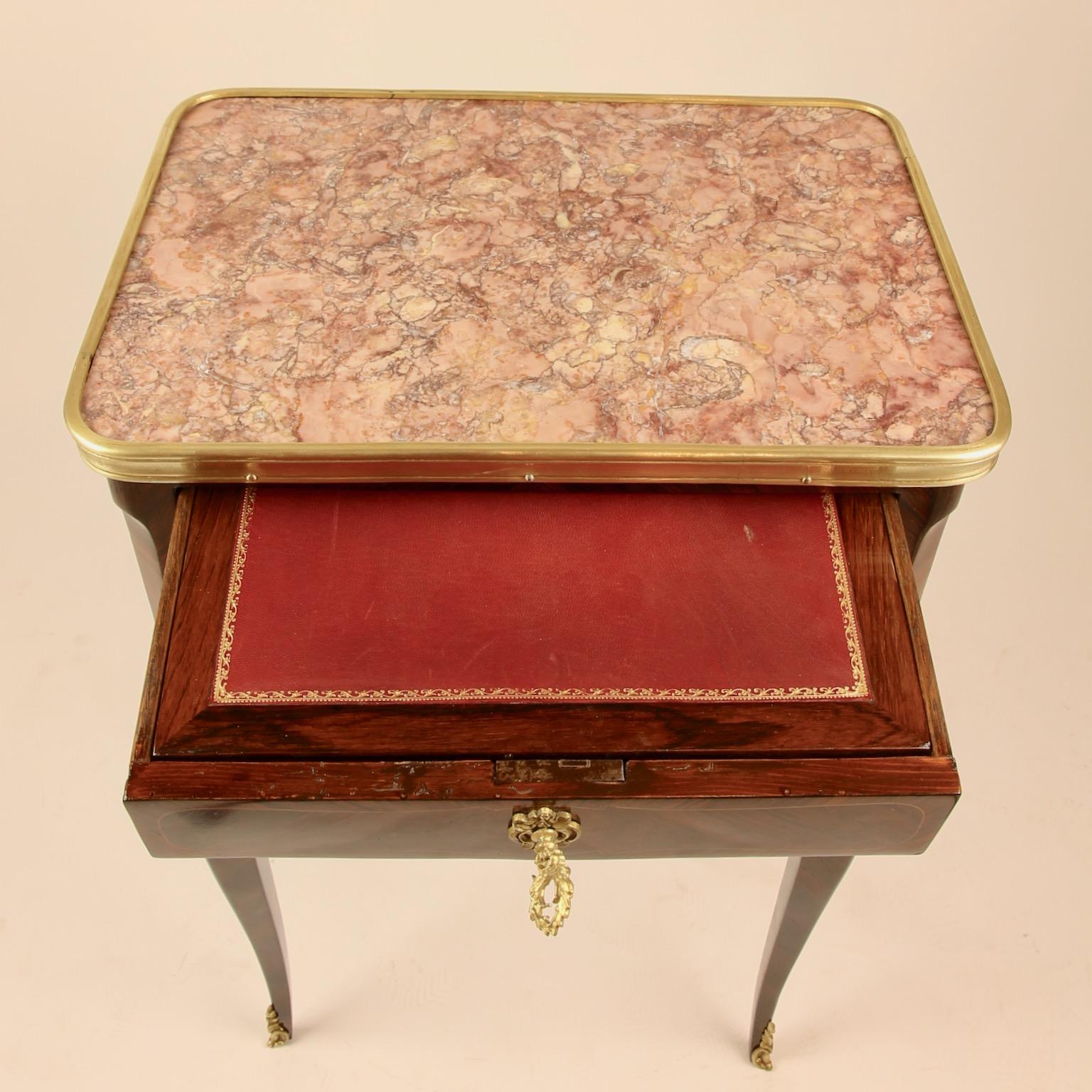 Bronze 18th Century Louis XV Transition Marquetry Marble-Top Side Table or Écritoire