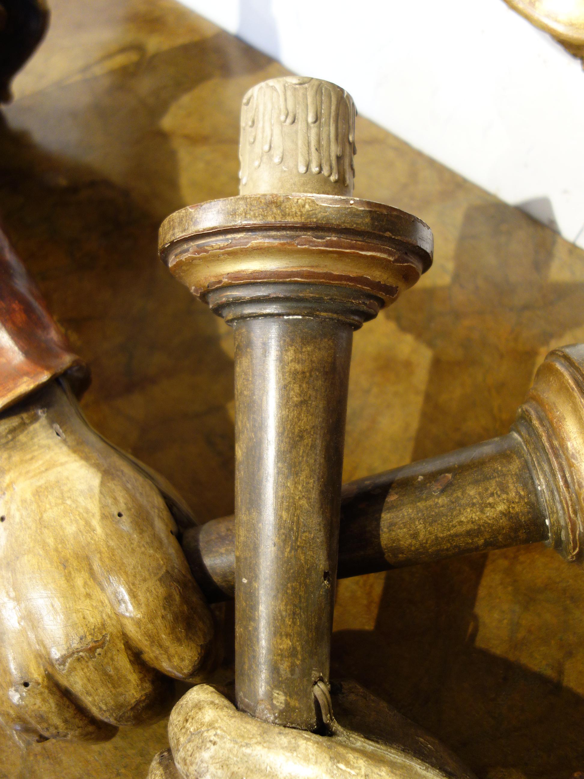 18th Century Louis XV Venetian Painted Wood Torch Sconces with Gilt circa 1750 In Good Condition For Sale In Encinitas, CA