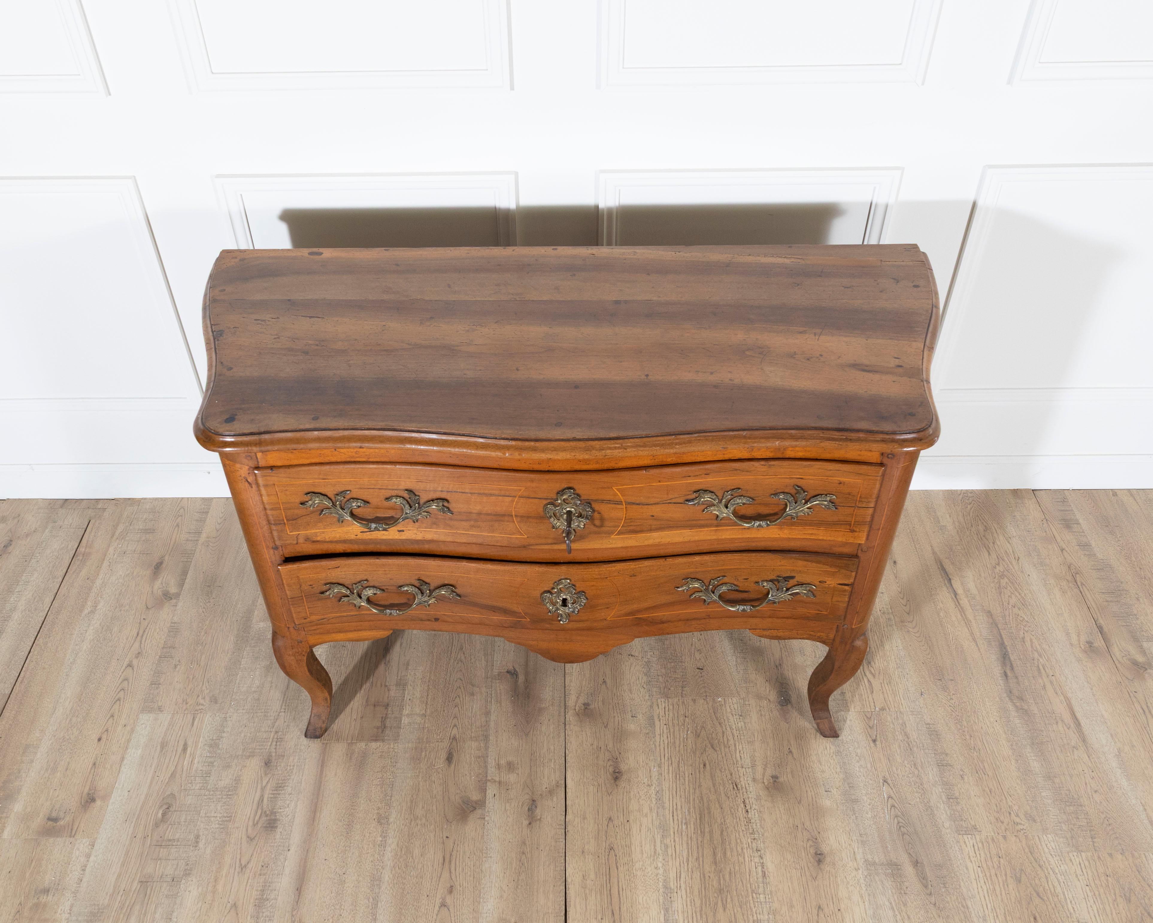 French 18th Century Louis XV Walnut Commode with Serpentine Front and Bronze Hardware For Sale