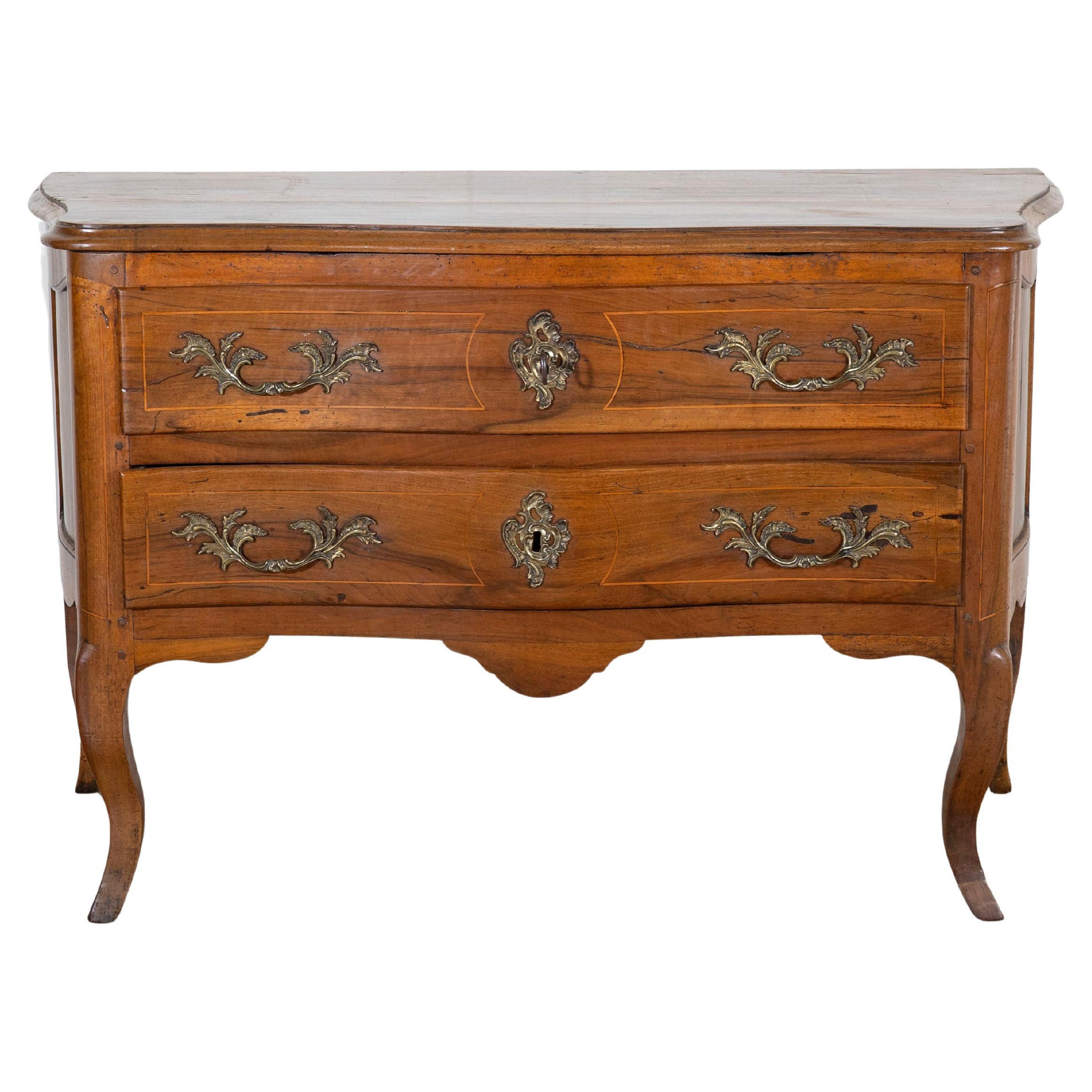 18th Century Louis XV Walnut Commode with Serpentine Front and Bronze Hardware For Sale