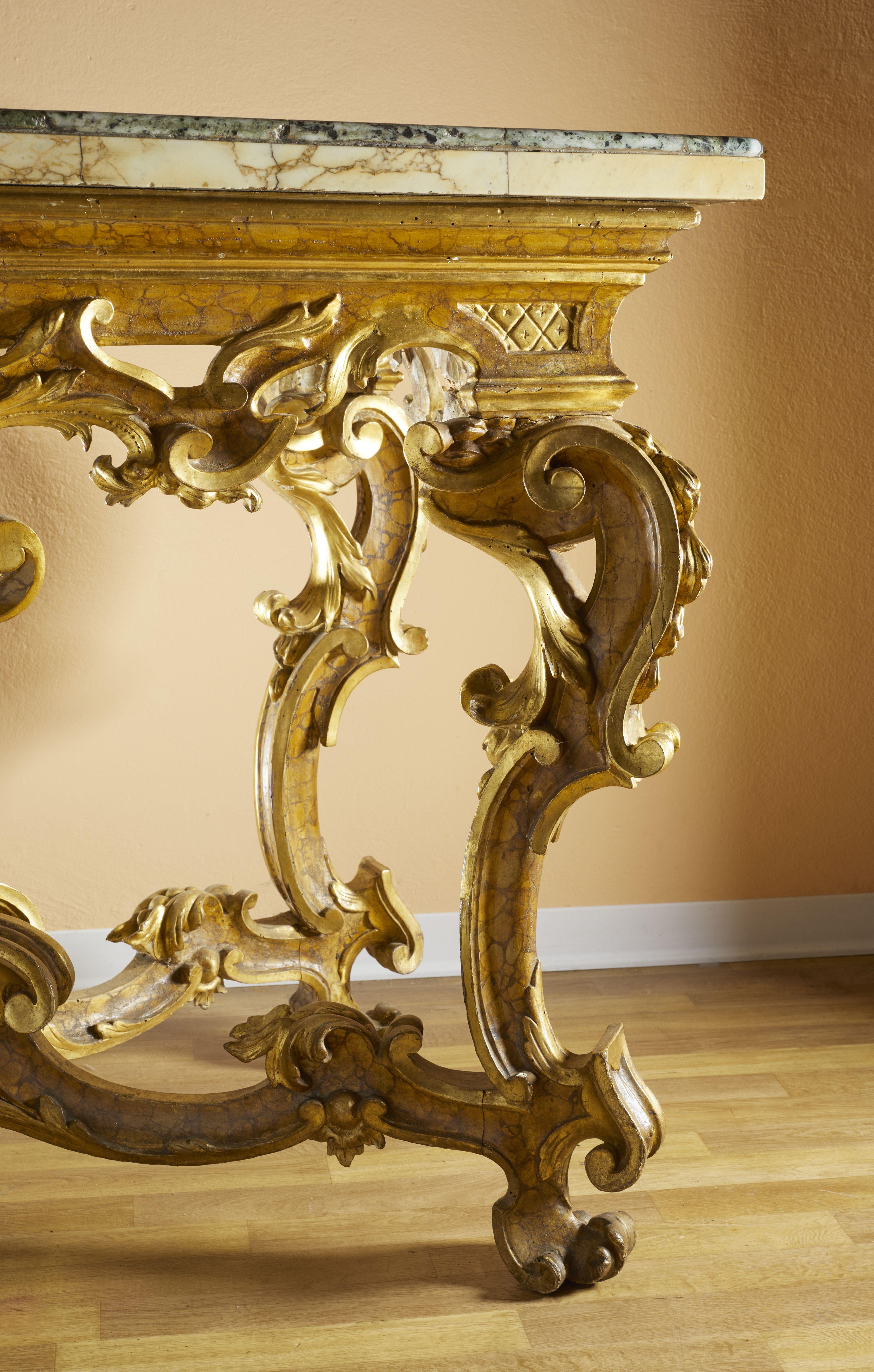 Italian 18th Century Louis XV Walnut Console Table Original Marble Yellow White For Sale
