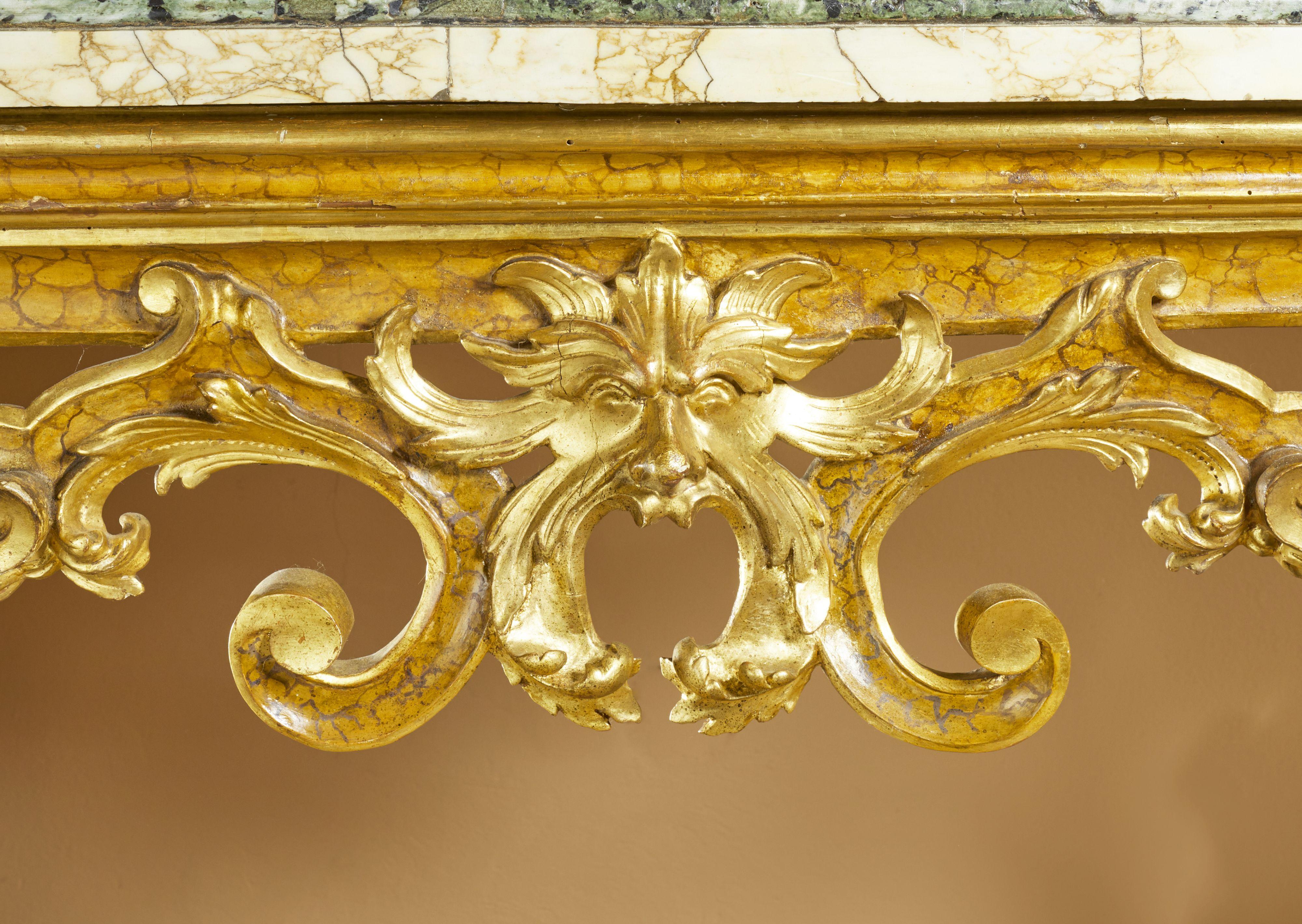 Hand-Carved 18th Century Louis XV Walnut Console Table Original Marble Yellow White For Sale