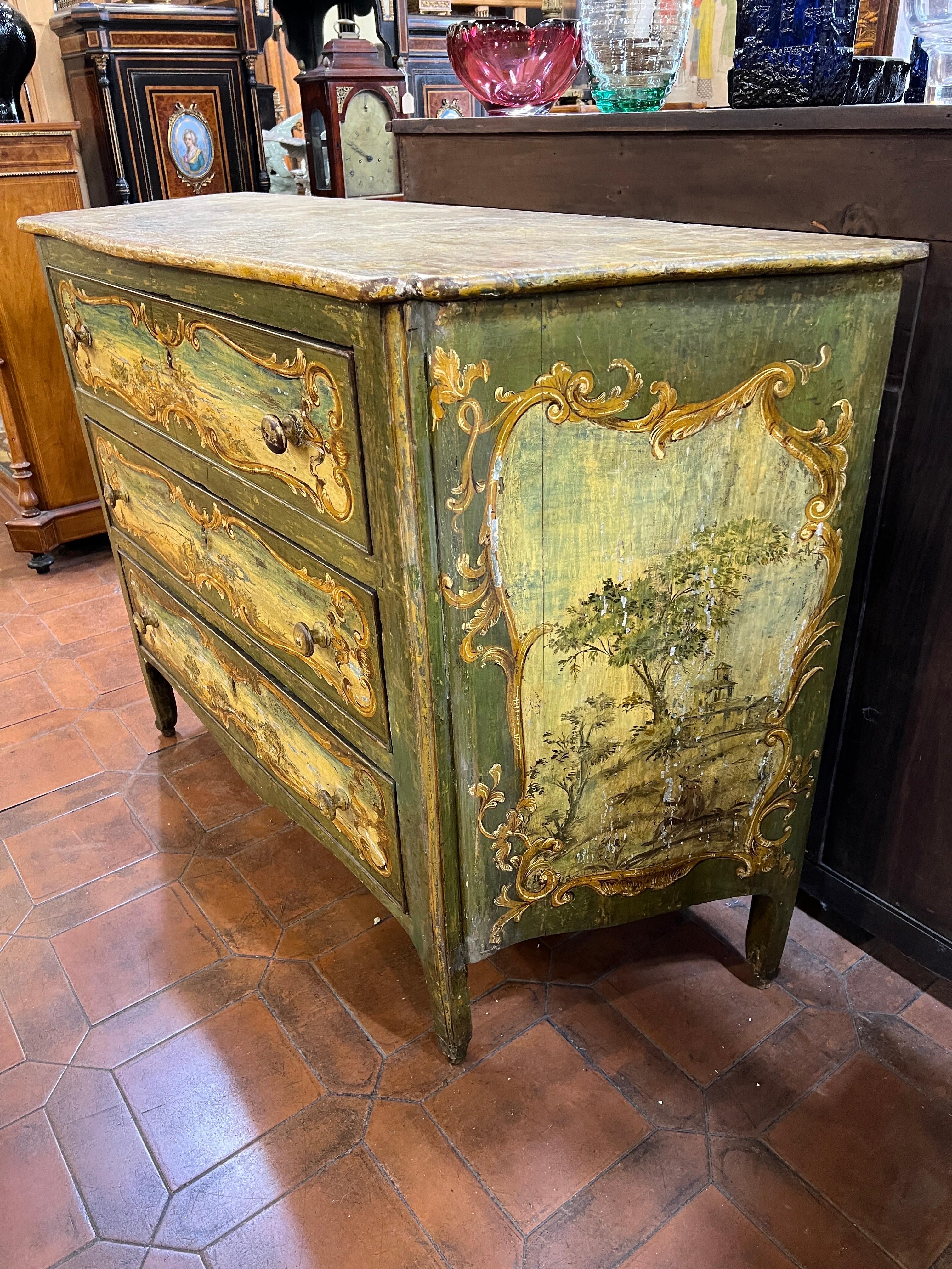Lacquered 18th Century Louis XV Wood Painted  Chest of Drawers 1700-1750