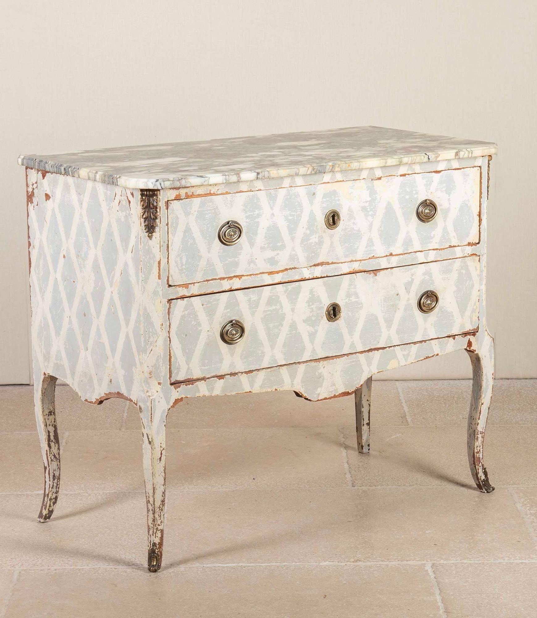 Luigi XVI 18th Century Louis XV/XVI Transitional Hand Painted Marble Top Commode in vendita