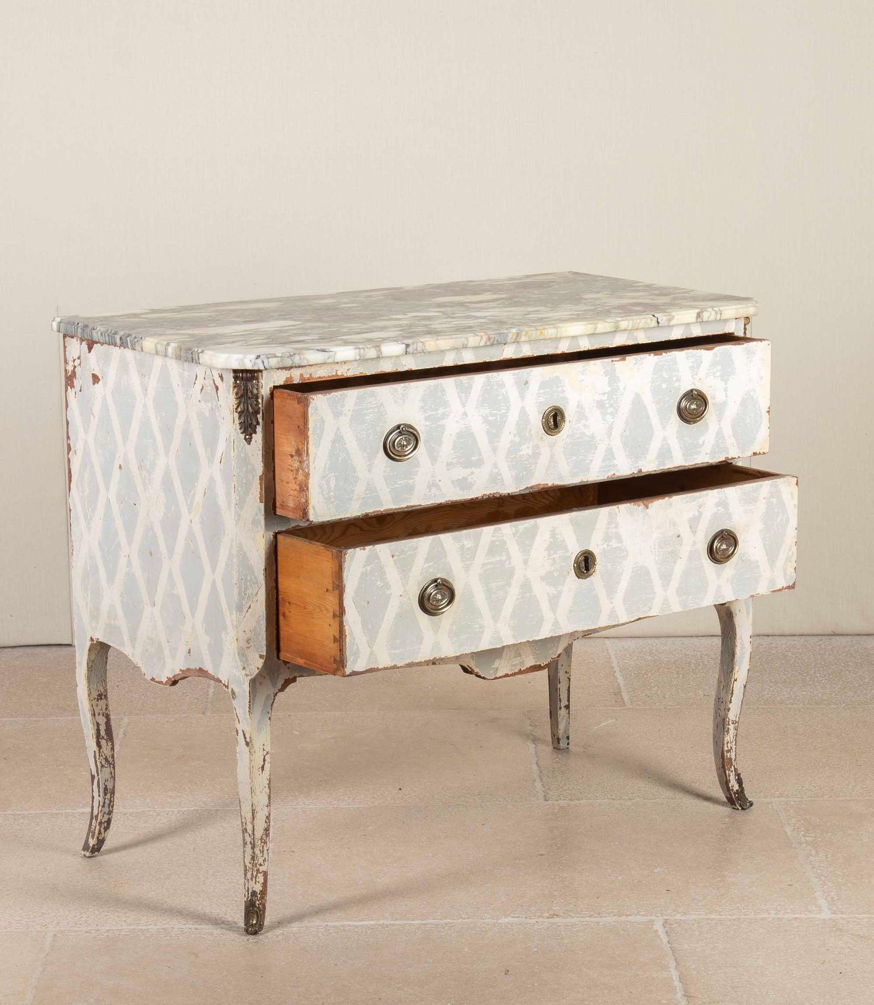 Francese 18th Century Louis XV/XVI Transitional Hand Painted Marble Top Commode in vendita
