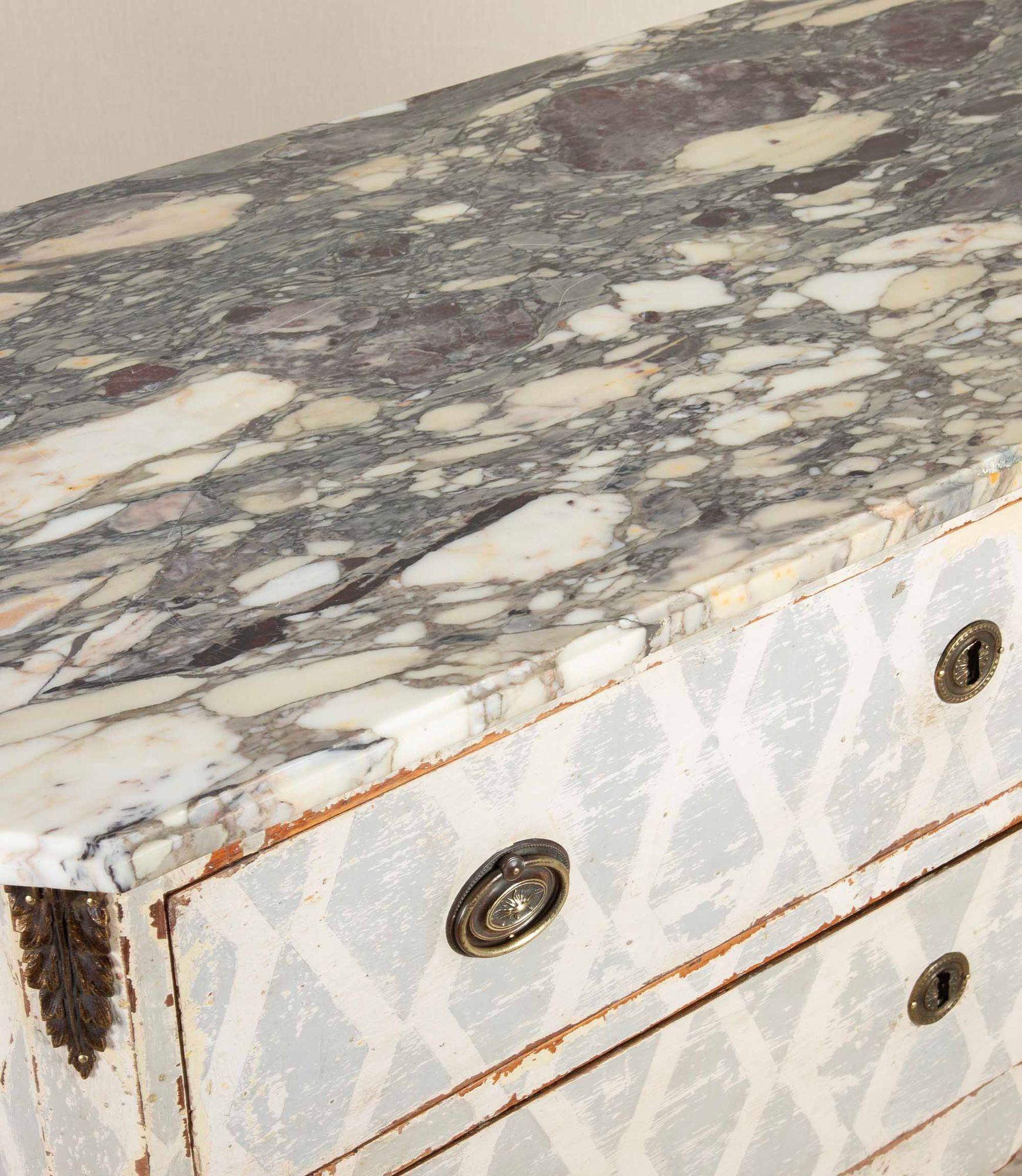 XVIII secolo 18th Century Louis XV/XVI Transitional Hand Painted Marble Top Commode in vendita