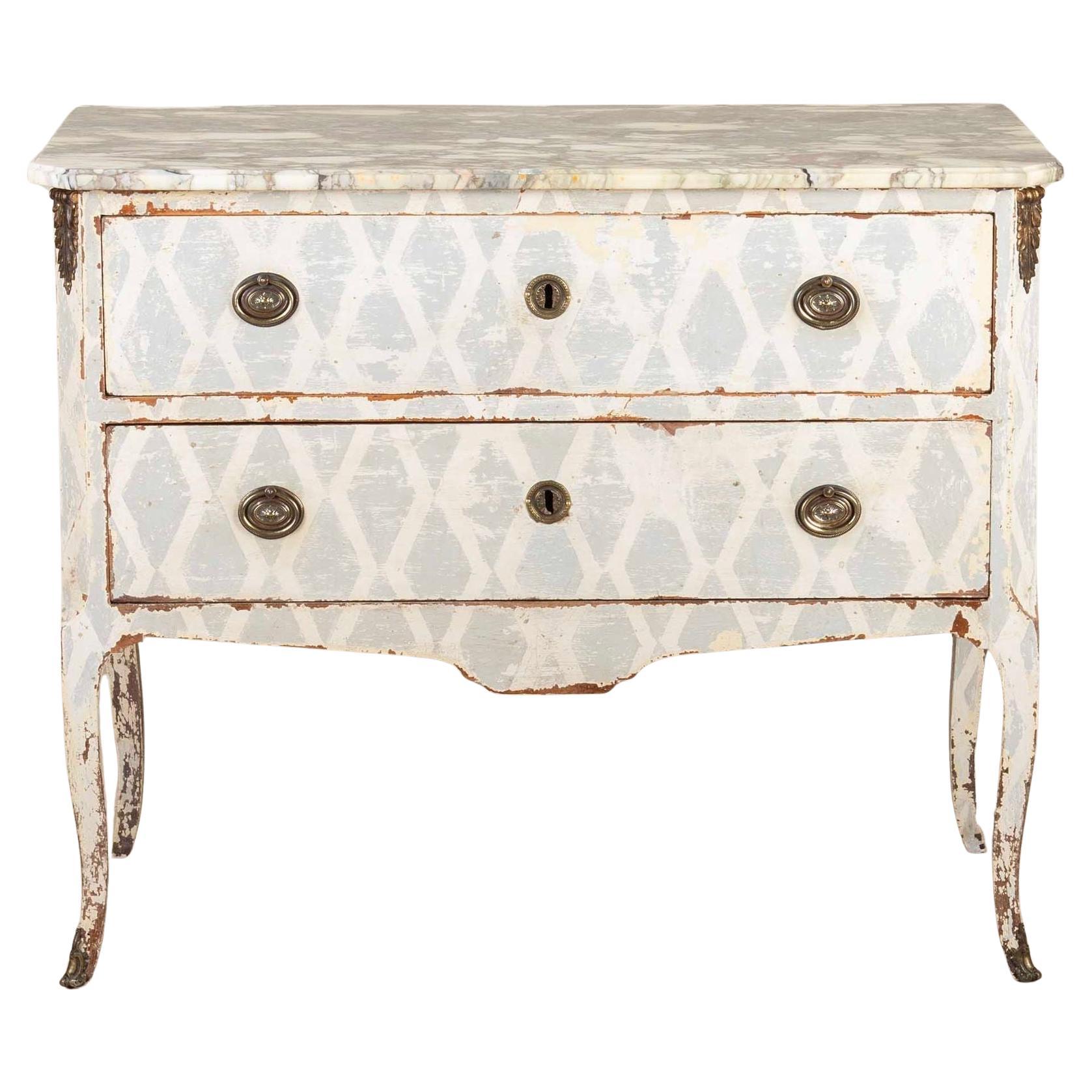 18th Century Louis XV/XVI Transitional Hand Painted Marble Top Commode