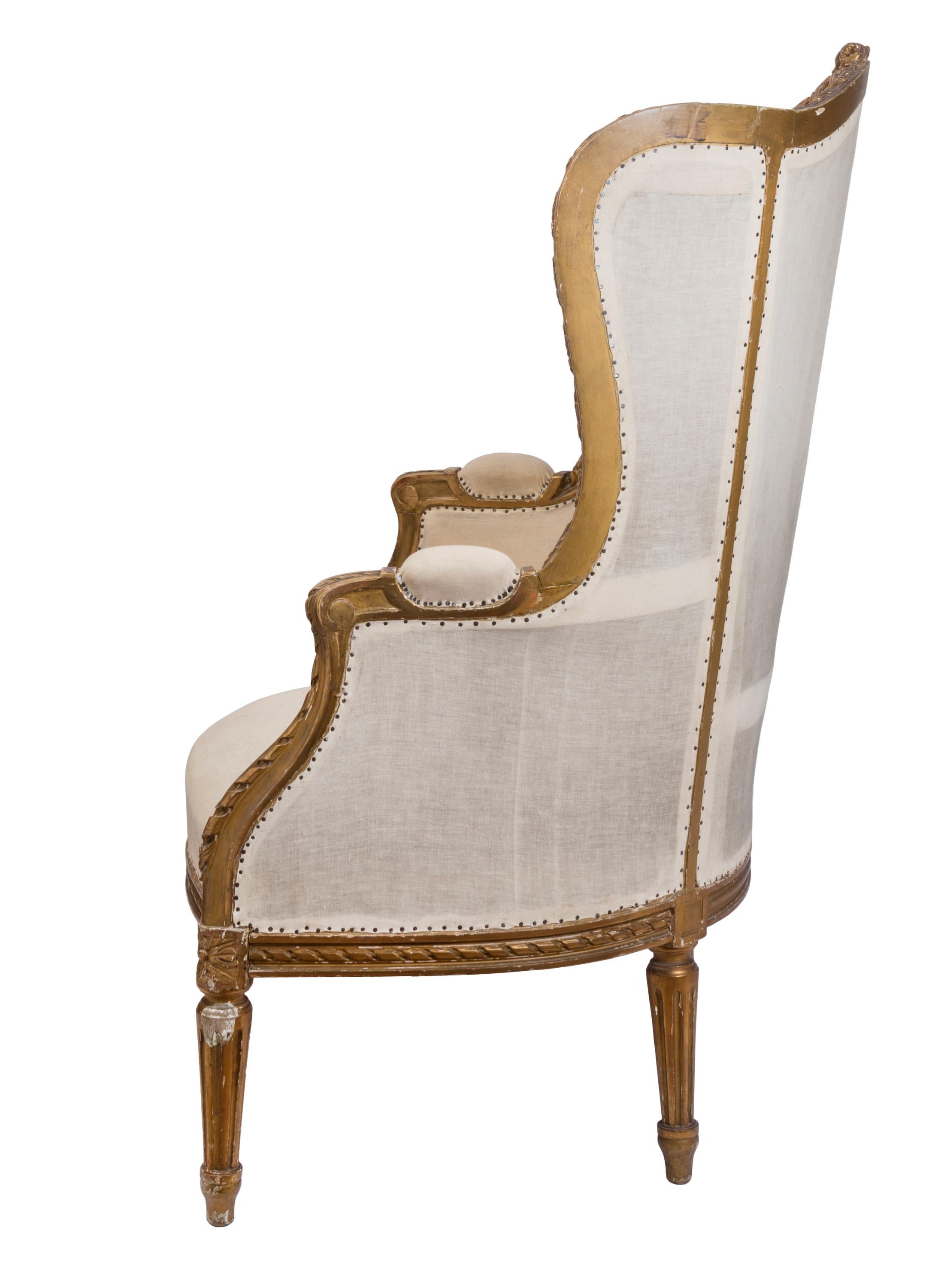 French 18th Century Louis XVI Bergère / Wingback Armchair with Carved Giltwood Details