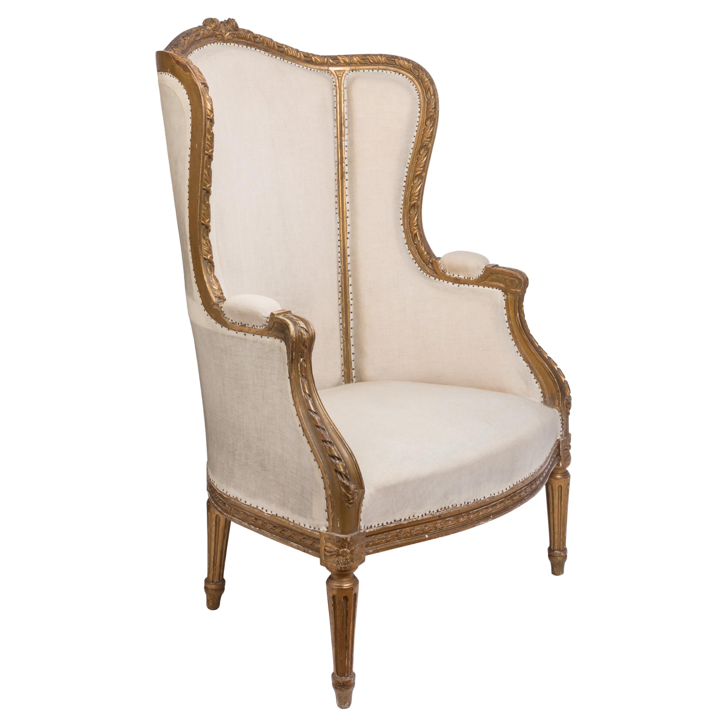 18th Century Louis XVI Bergère / Wingback Armchair with Carved Giltwood Details