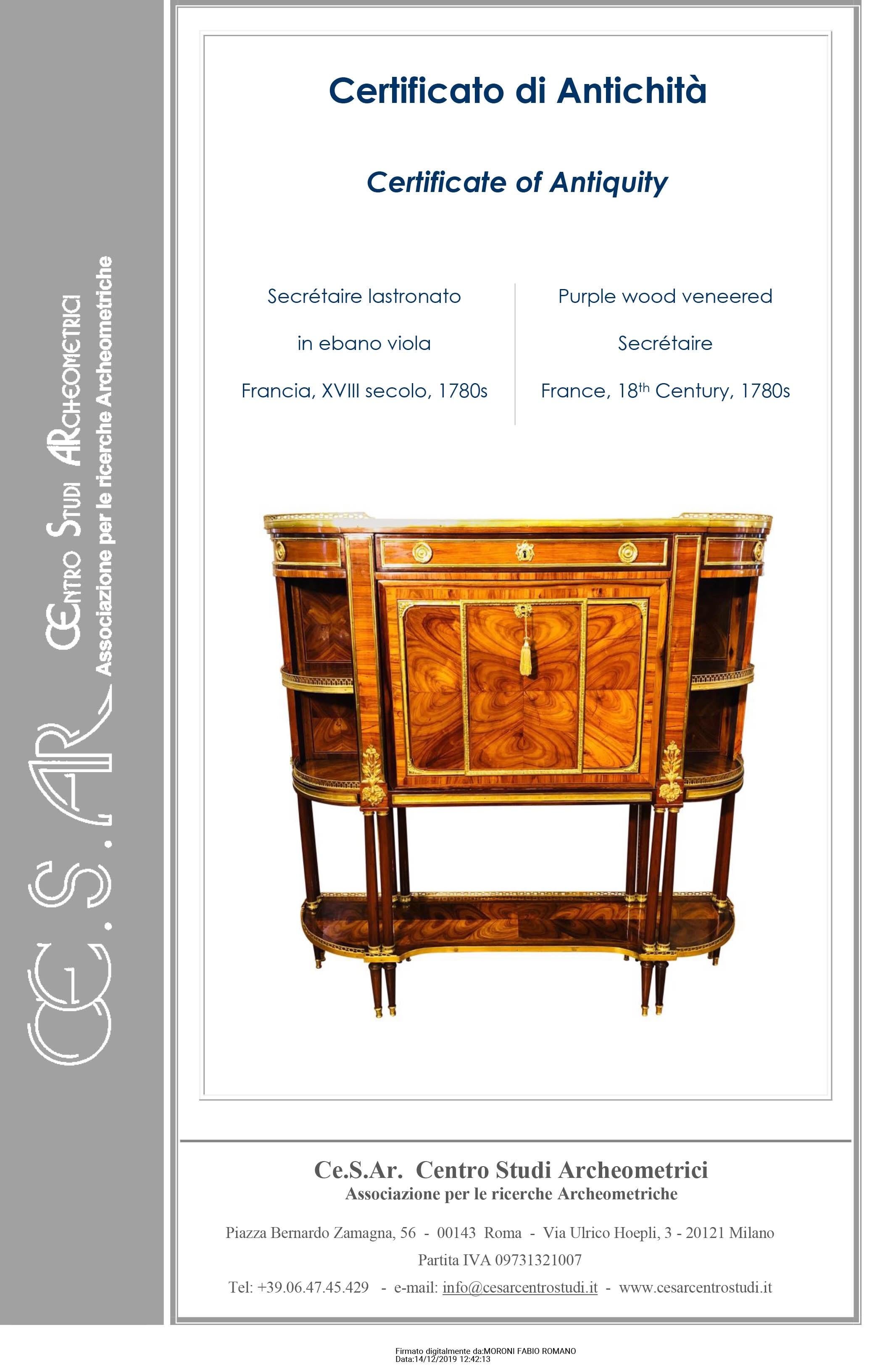 Precious French Secretaire, Louis XVI era, purple ebony- bois de rose veneer, made by RVLC, Roger Vandercruse dit Lacroix (19 November 1727 - 19 May 1799). We are facing a piece of furniture of incredible beauty and rare workmanship, like all the