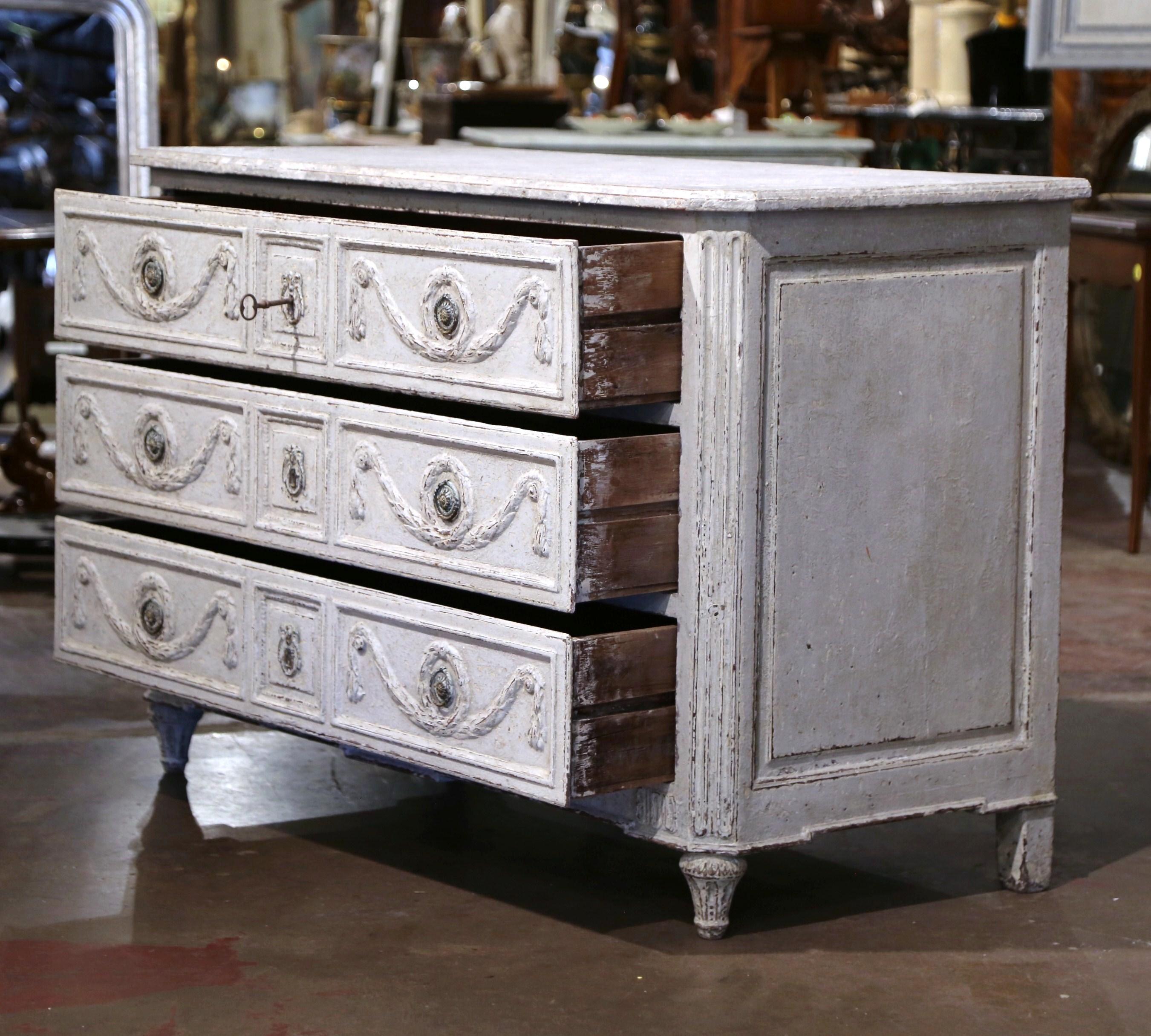 18th Century Louis XVI Carved & Painted Three-Drawer Chest with Faux Marble Top For Sale 4