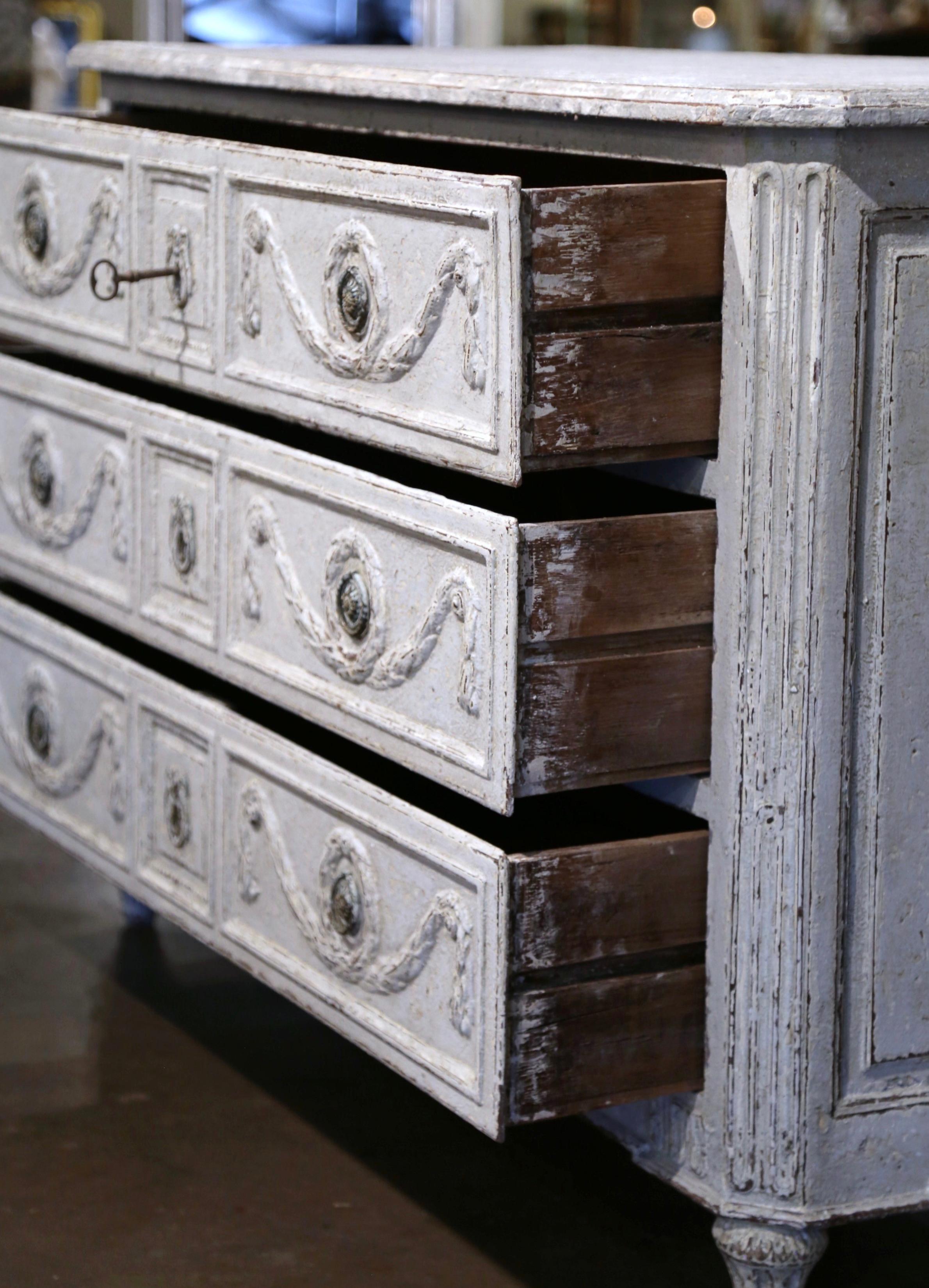 18th Century Louis XVI Carved & Painted Three-Drawer Chest with Faux Marble Top For Sale 5