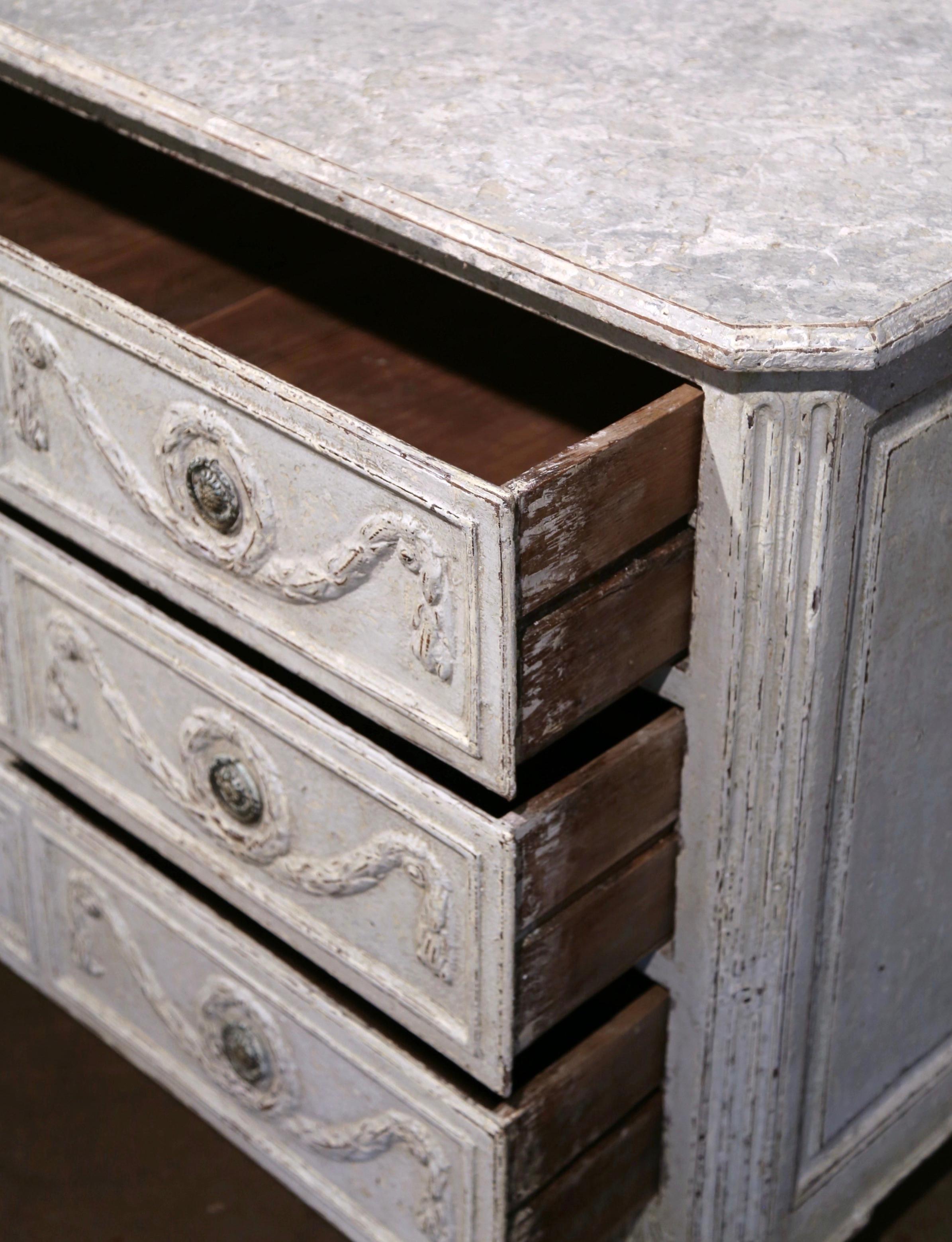 18th Century Louis XVI Carved & Painted Three-Drawer Chest with Faux Marble Top For Sale 6