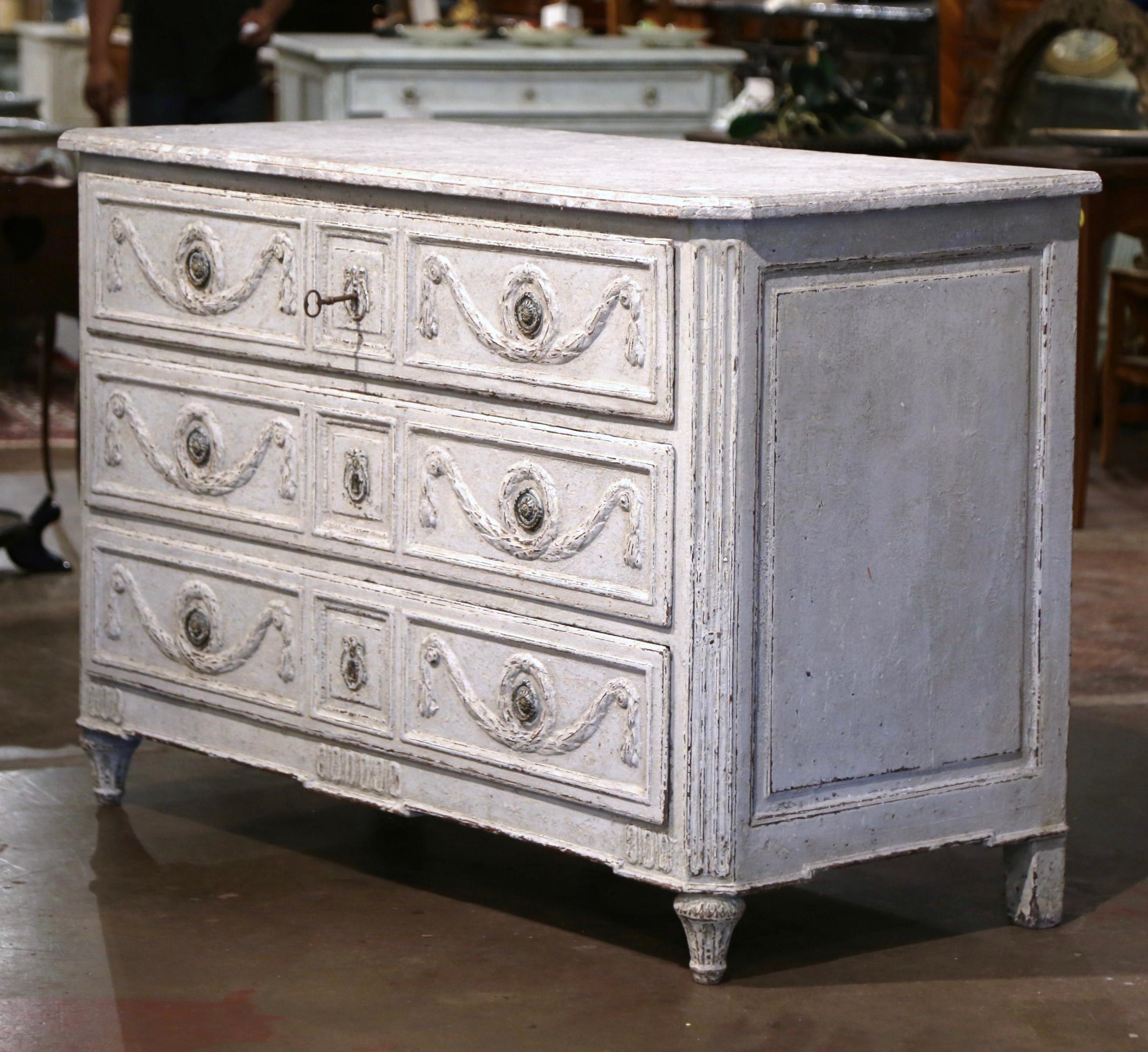 18th Century Louis XVI Carved & Painted Three-Drawer Chest with Faux Marble Top For Sale 7