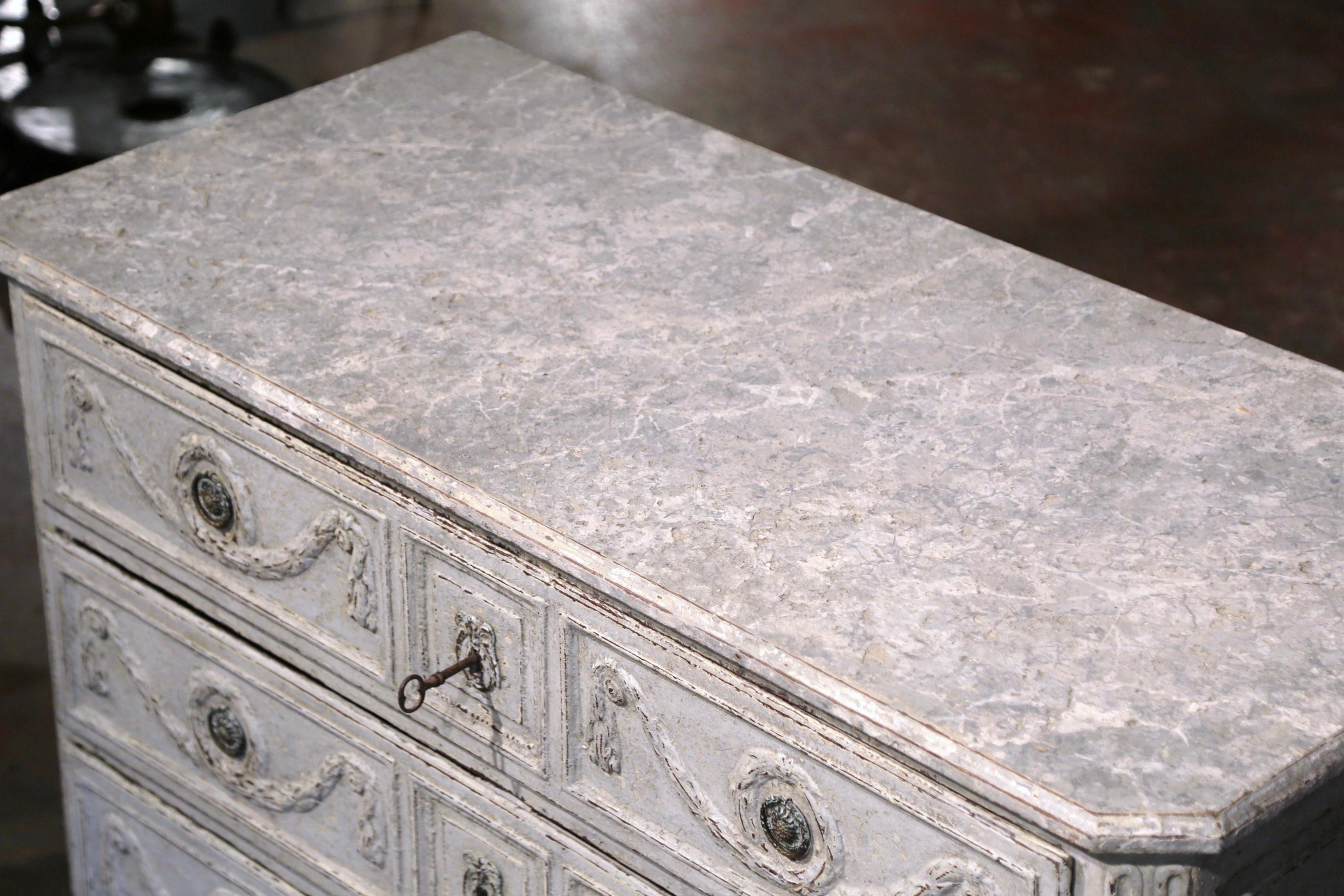 French 18th Century Louis XVI Carved & Painted Three-Drawer Chest with Faux Marble Top For Sale