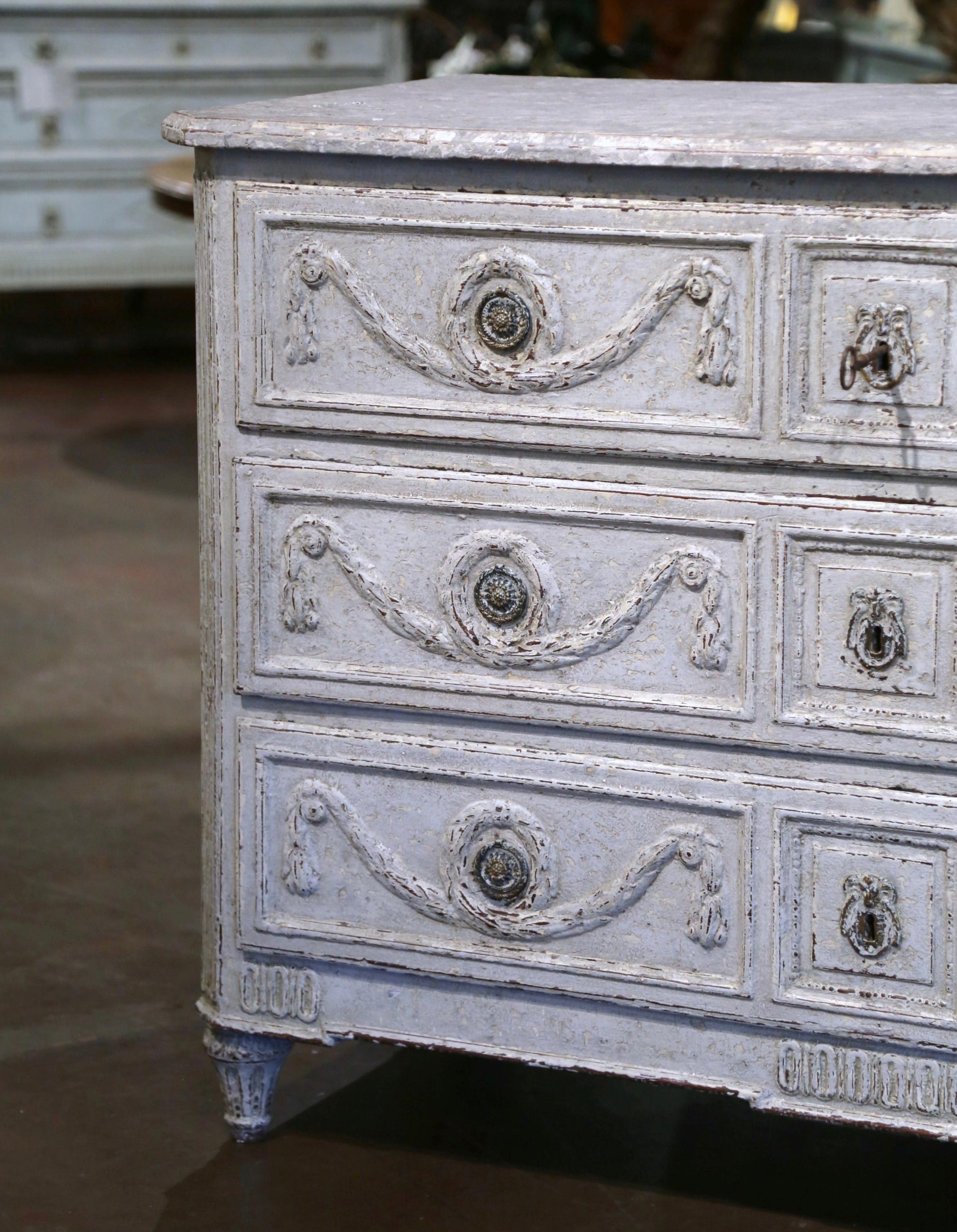 Hand-Painted 18th Century Louis XVI Carved & Painted Three-Drawer Chest with Faux Marble Top For Sale