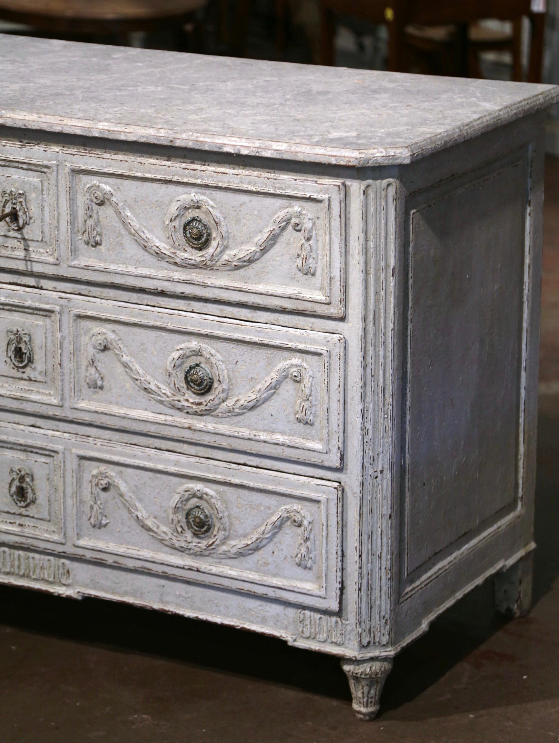 18th Century Louis XVI Carved & Painted Three-Drawer Chest with Faux Marble Top In Excellent Condition For Sale In Dallas, TX