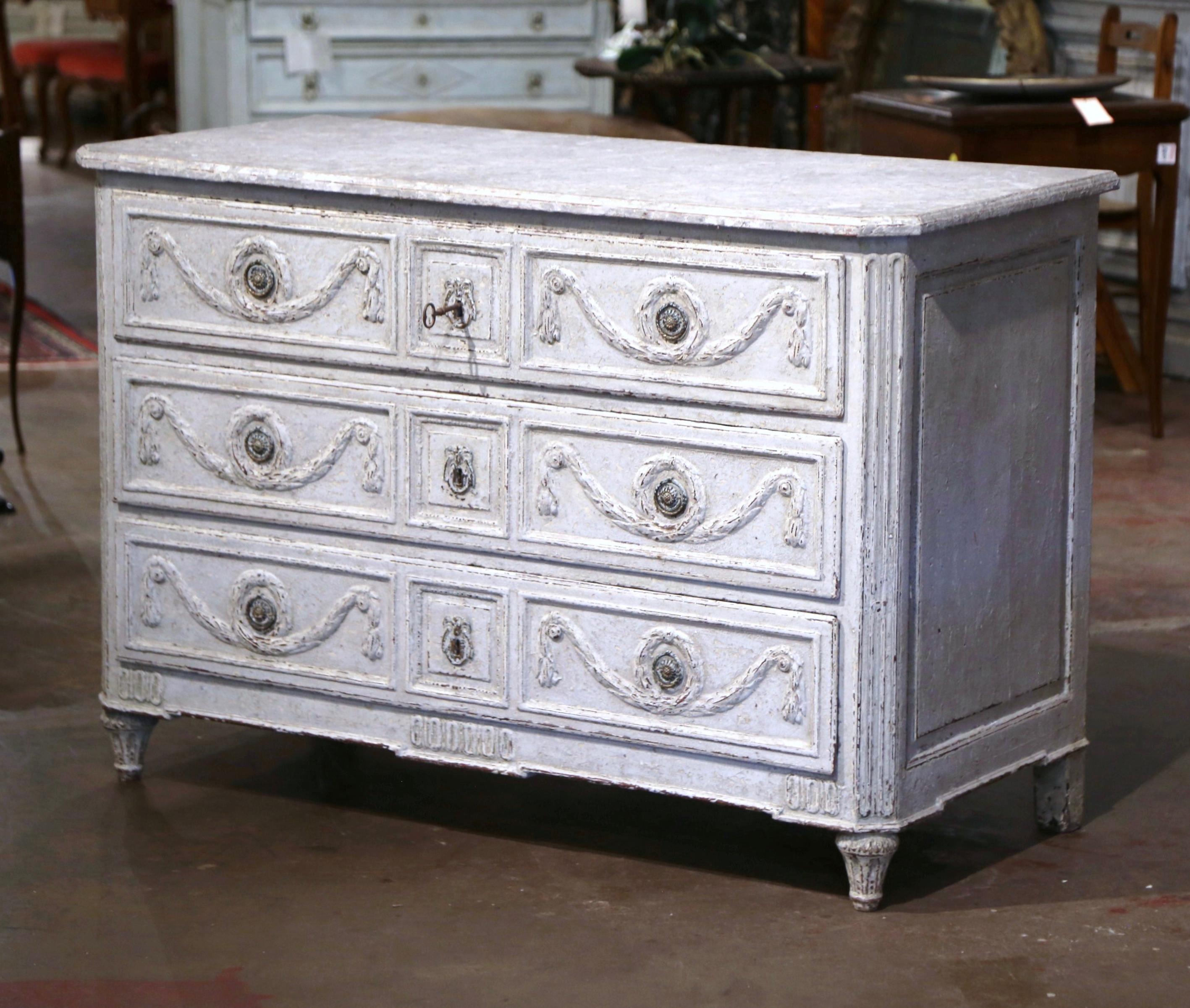 Oak 18th Century Louis XVI Carved & Painted Three-Drawer Chest with Faux Marble Top For Sale