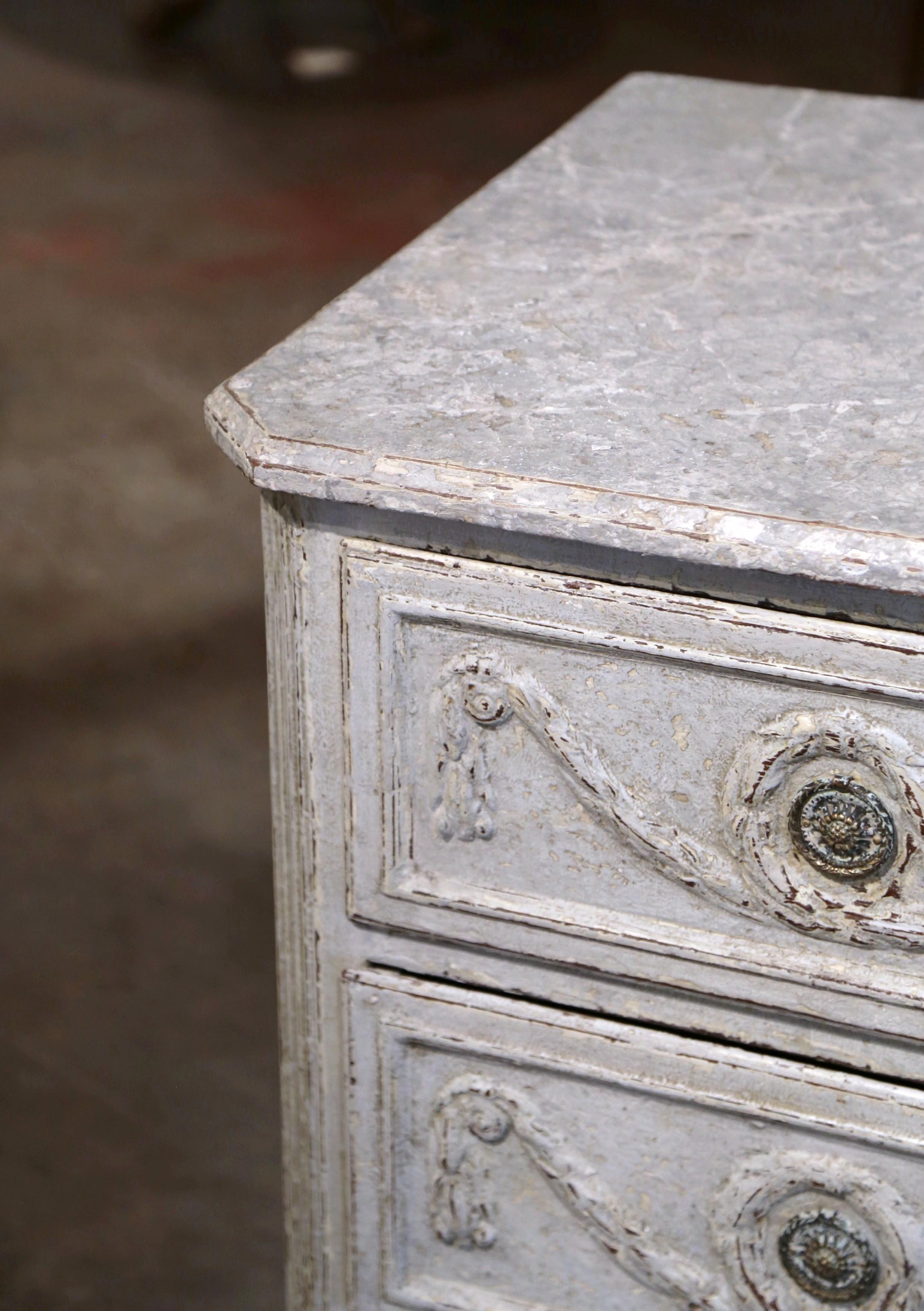 18th Century Louis XVI Carved & Painted Three-Drawer Chest with Faux Marble Top For Sale 1