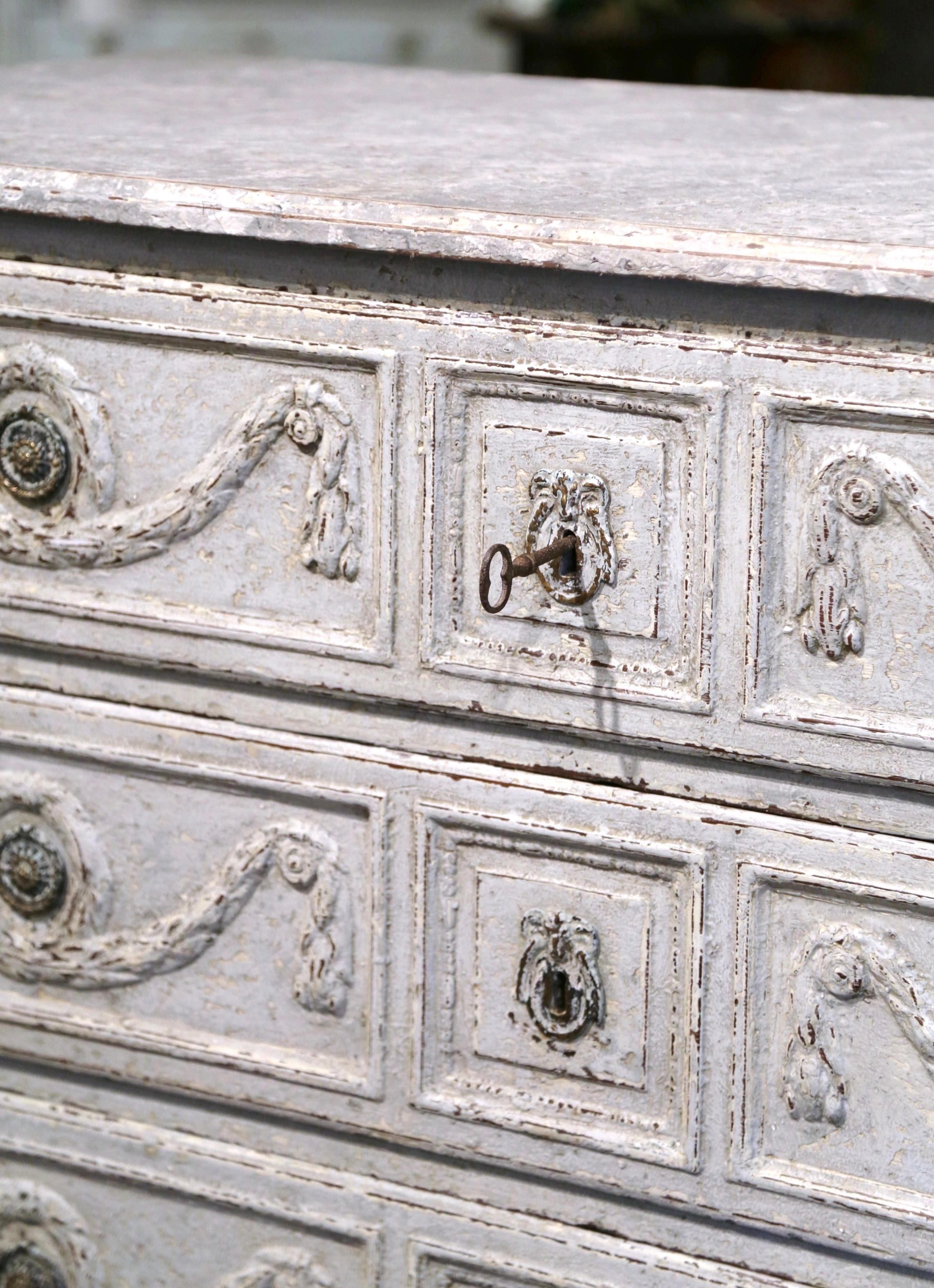 18th Century Louis XVI Carved & Painted Three-Drawer Chest with Faux Marble Top For Sale 2