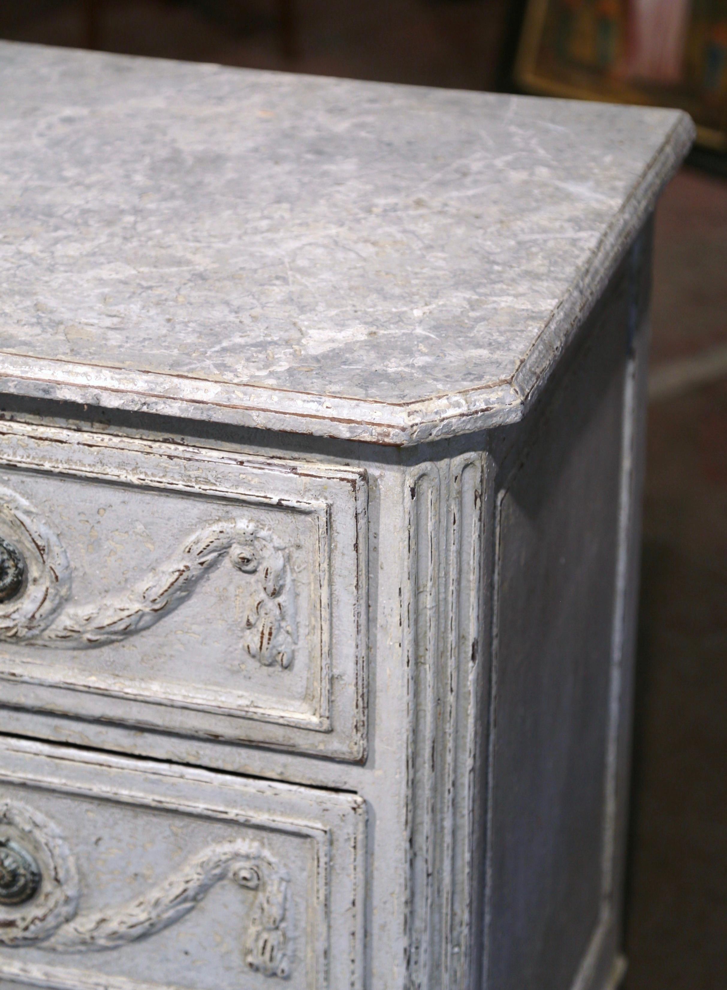 18th Century Louis XVI Carved & Painted Three-Drawer Chest with Faux Marble Top For Sale 3