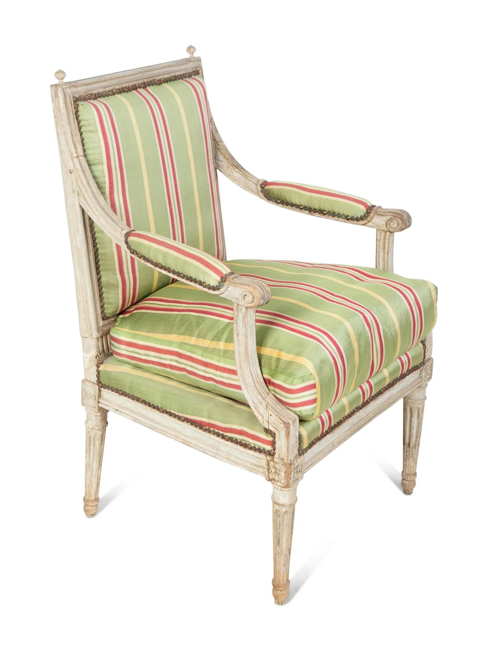 Hand-Carved 18th Century Louis XVI Fauteuil in Original Painted Finish For Sale
