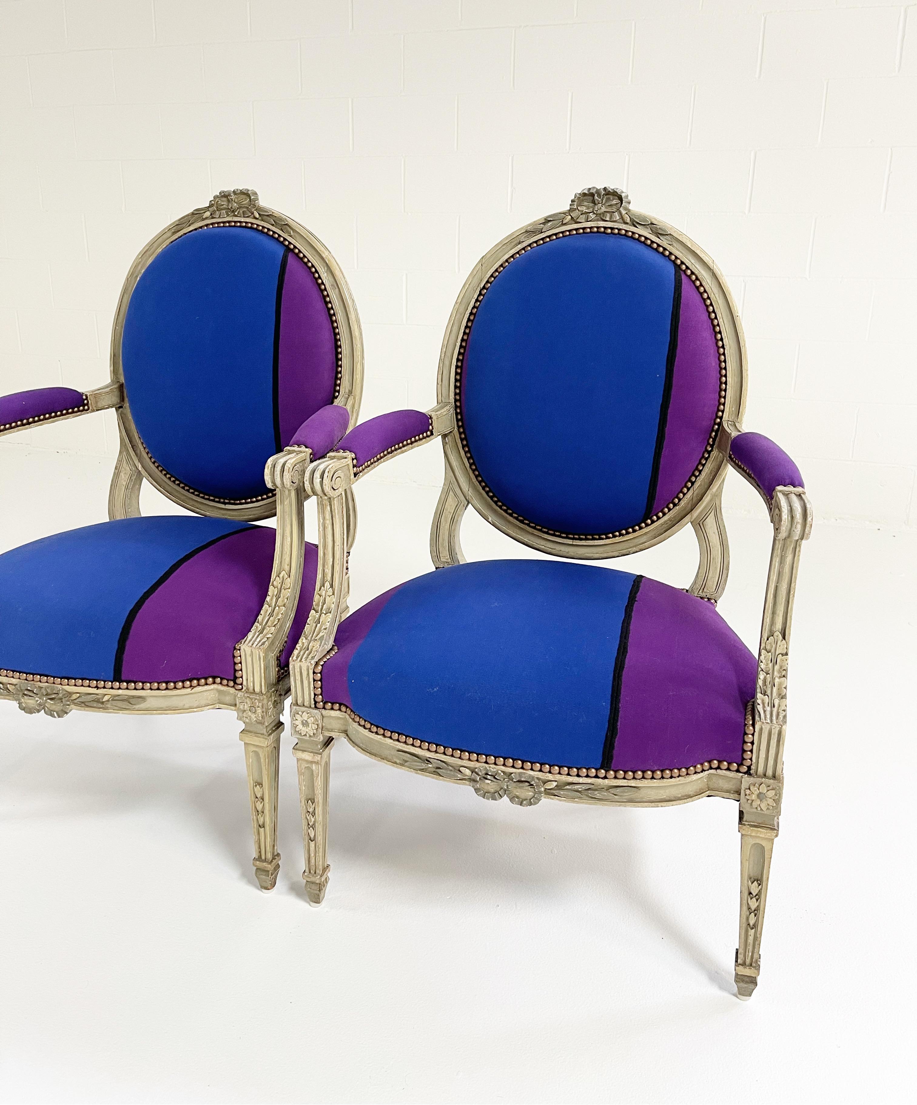 This beautiful pair is a show-stopper. During restoration, the chairs were completely rebuilt. For the finish, we chose the gorgeous Cristobal Throws by fashion brand, Colville. The vibrant colors and pattern create a modern piece destined for an