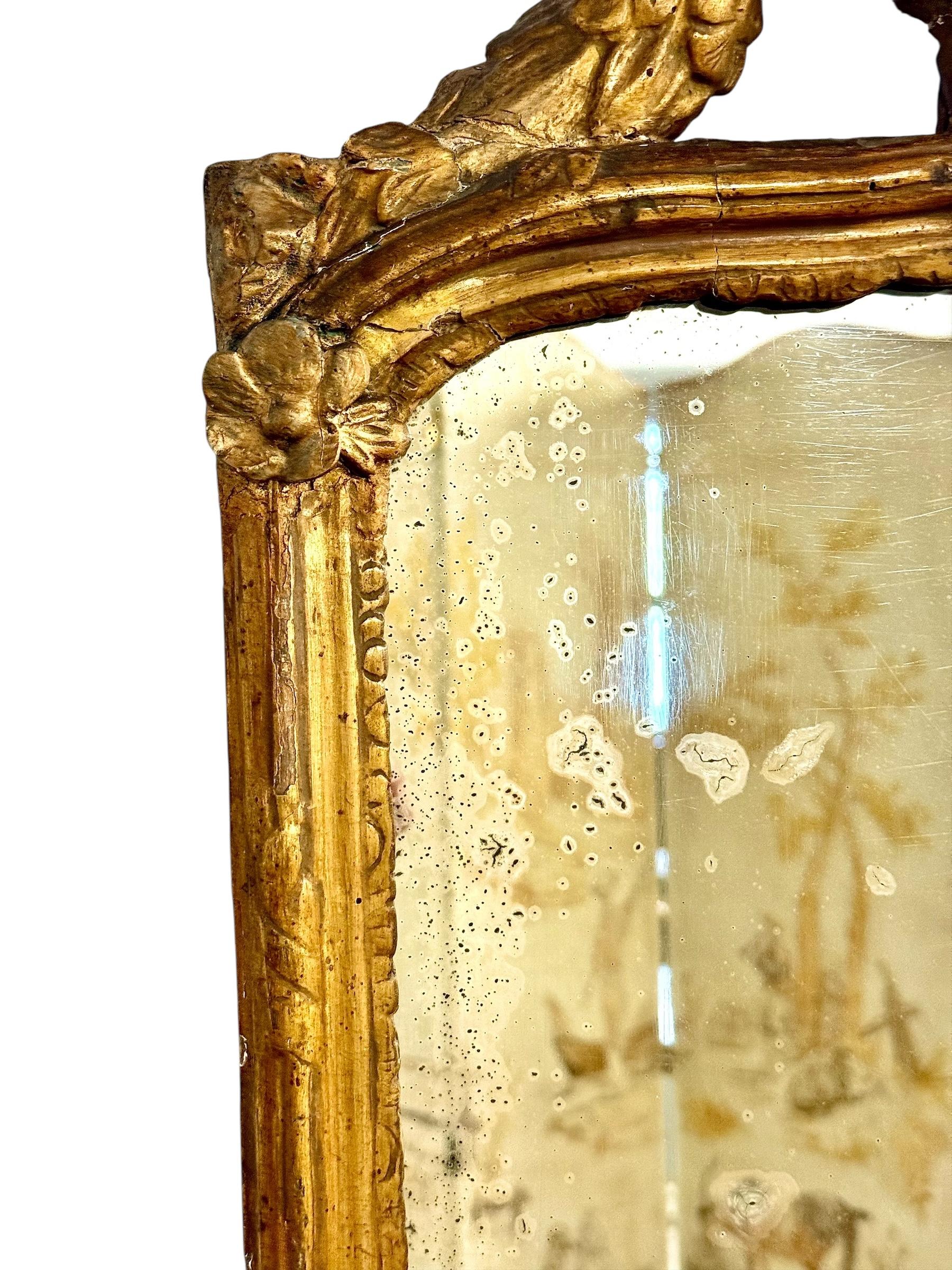 Espejo de madera dorada Luis XVI del siglo XVIII con cresta de laurel y base drapeada siglo XVIII y antes en venta