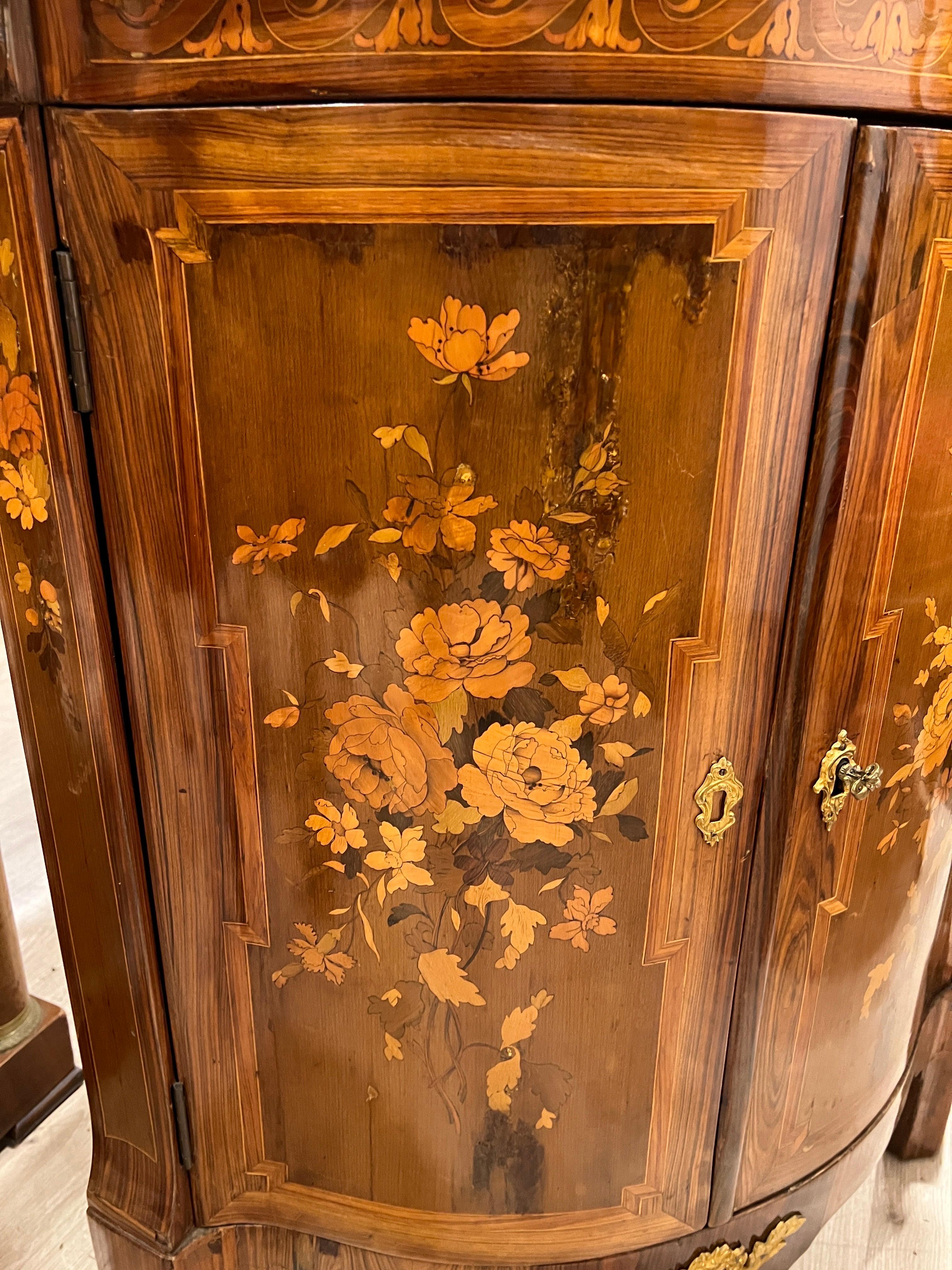 French 18th Century Louis XVI Kingwood Marquetry Inlay  Corner Cabinet with Marble 1780