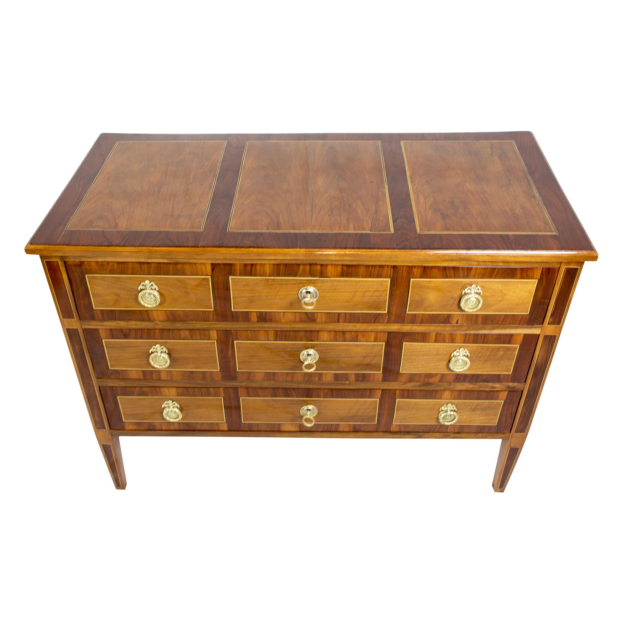 Brass 18th Century Louis XVI Marquetry Walnut Commode / Chest of Drawers For Sale