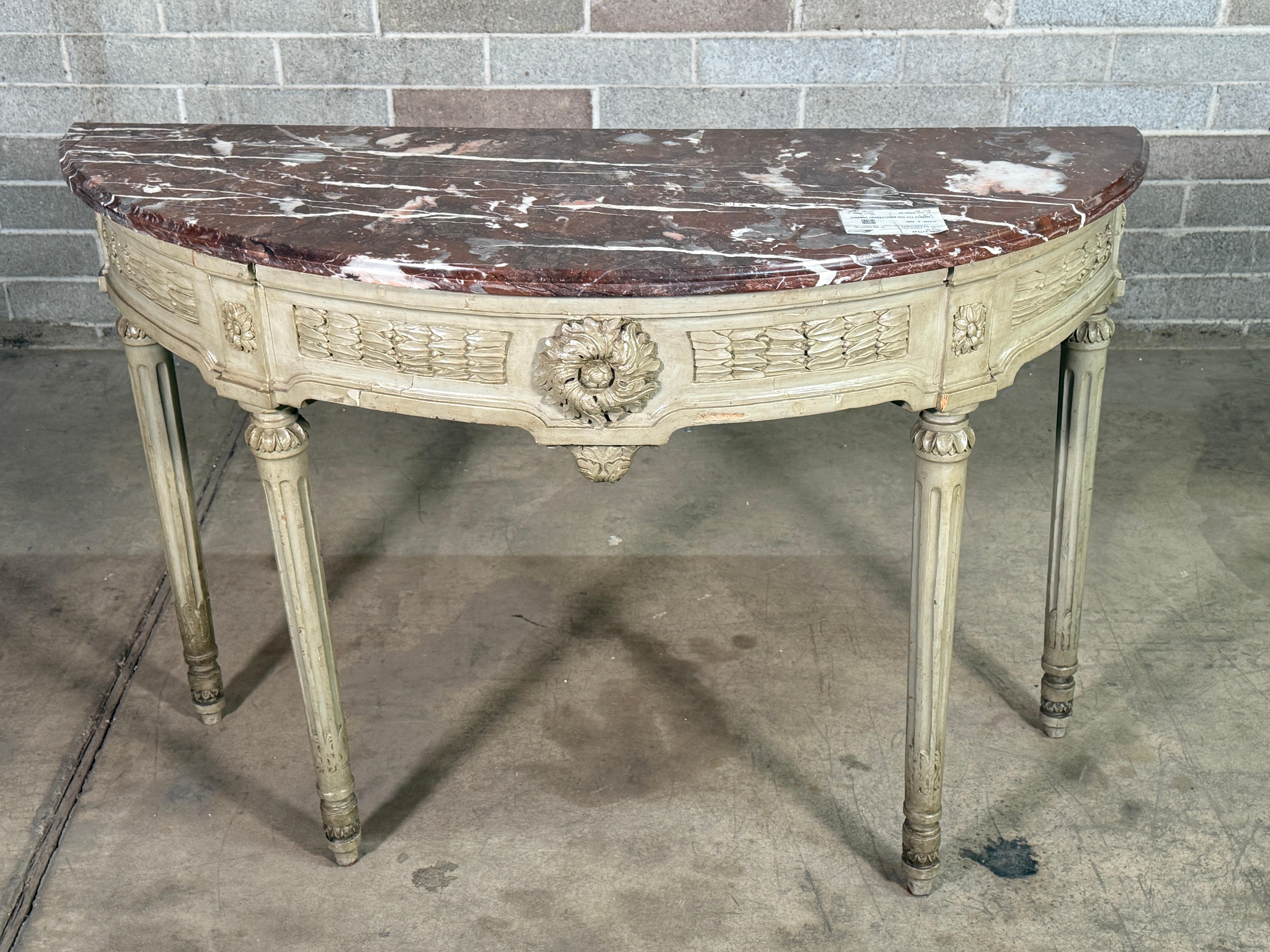 18th Century Louis XVI Neo Classic Console. Incredible carving with Beautiful Acanthus leaves. Gorgeous piece purchased in France. Age appropriate wear, see detailed photos. Message us with any questions. 