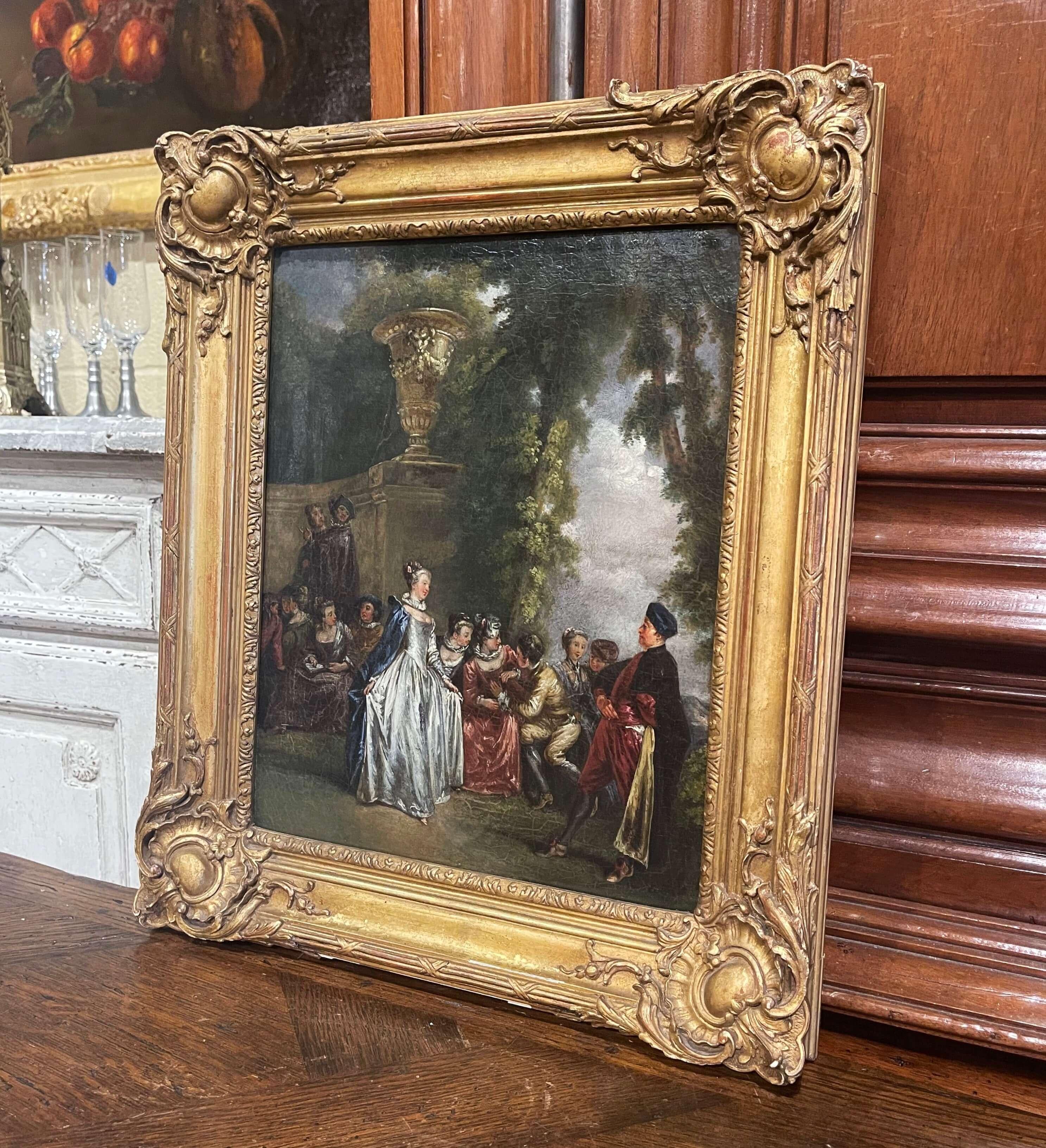 Created in France circa 1780 and set in the original carved gilt frame, the canvas depicts an outdoor presentation with a young woman in formal evening dress being presented to a sultan. The scene appears to be taking place in a park in front of an