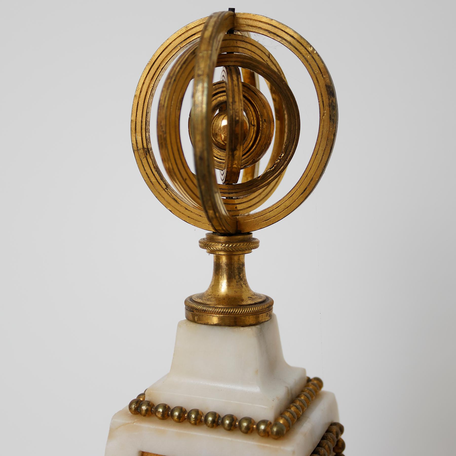 Signed: Joseph Gay Horloger du Roy A Turin

The movement is contained in a white marble obelisk which is surmounted by an armillary sphere finial. The front with a panel chased with nymphs supporting a globe with Cupid standing on top; below are