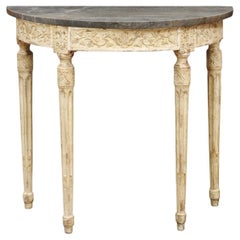 18th Century Louis XVI Painted Demilune Console Table w/ Grey Period Marble To