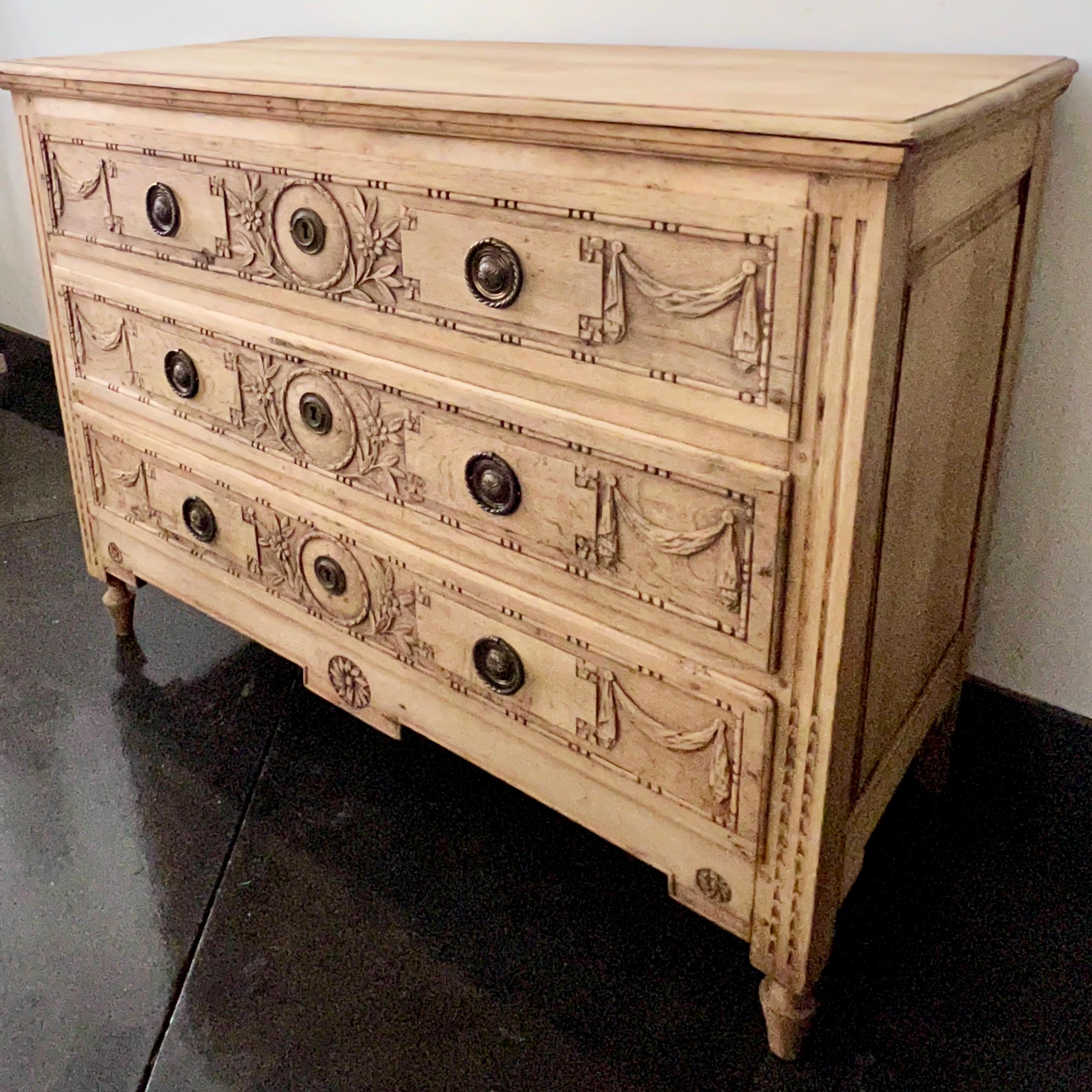 Bleached 18th Century Louis XVI Period Commode with Liege Carvings
