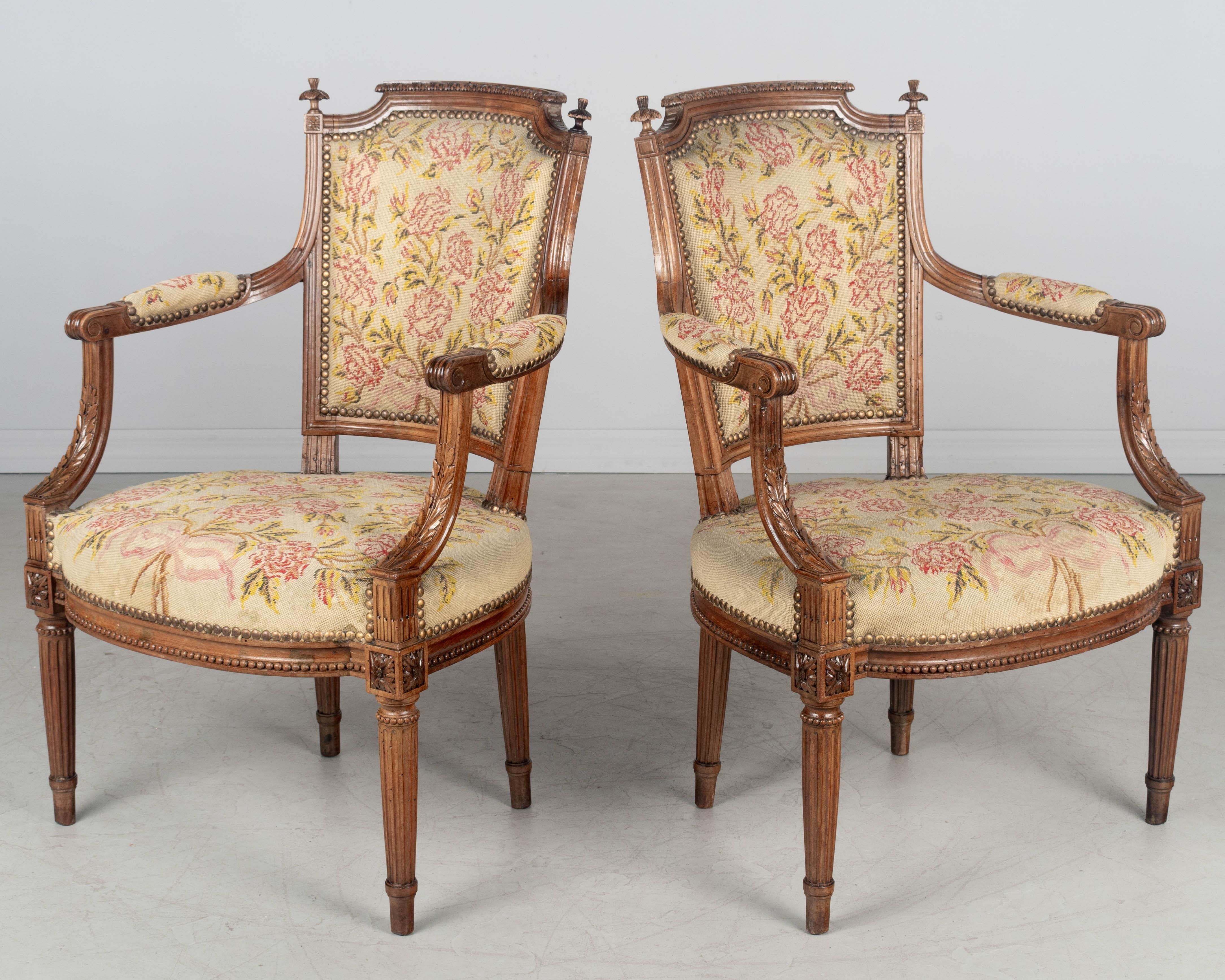 Hand-Carved 18th Century Louis XVI Period French Fauteuils, a Pair For Sale