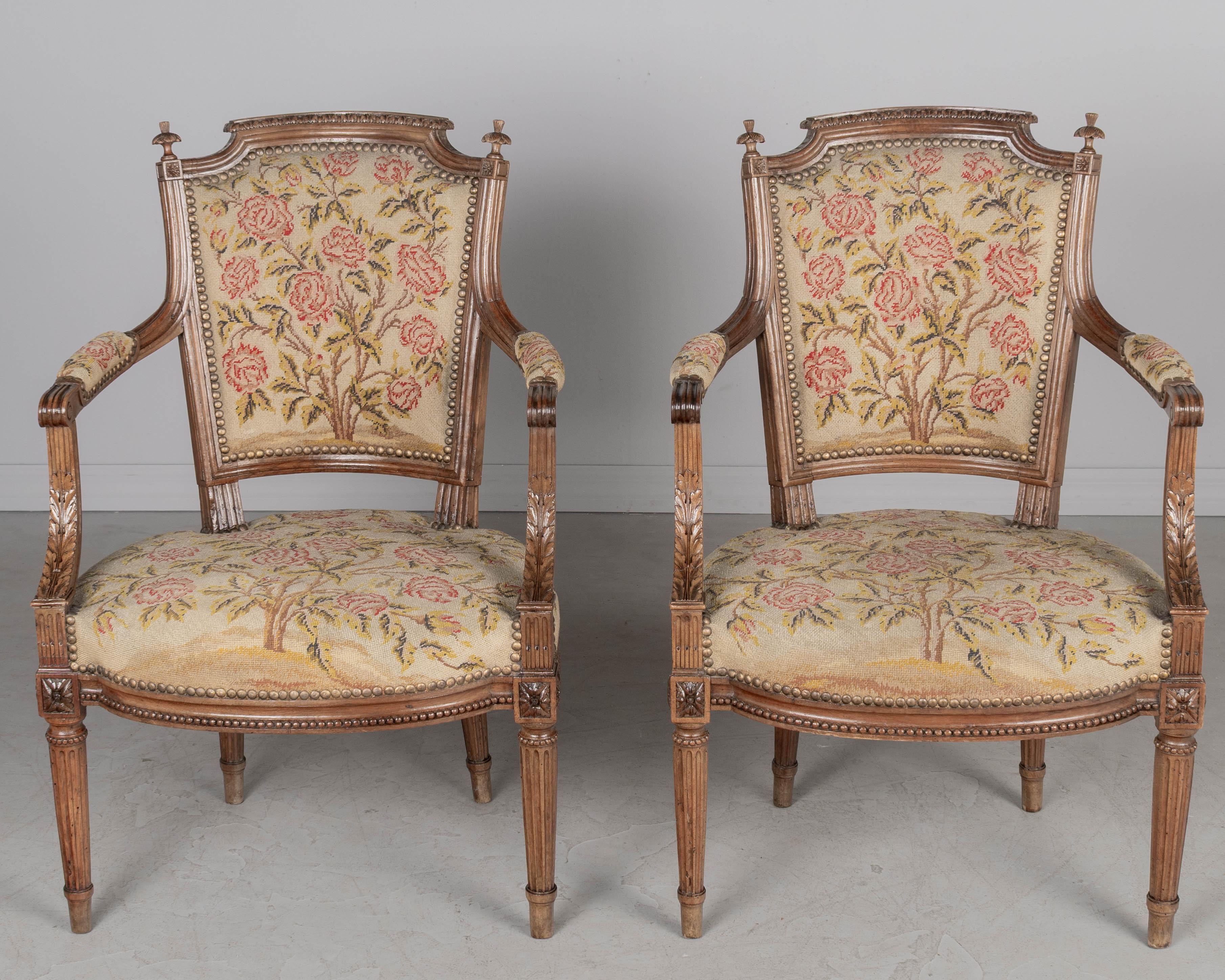 Hand-Carved 18th Century Louis XVI Period French Fauteuils, a Pair For Sale