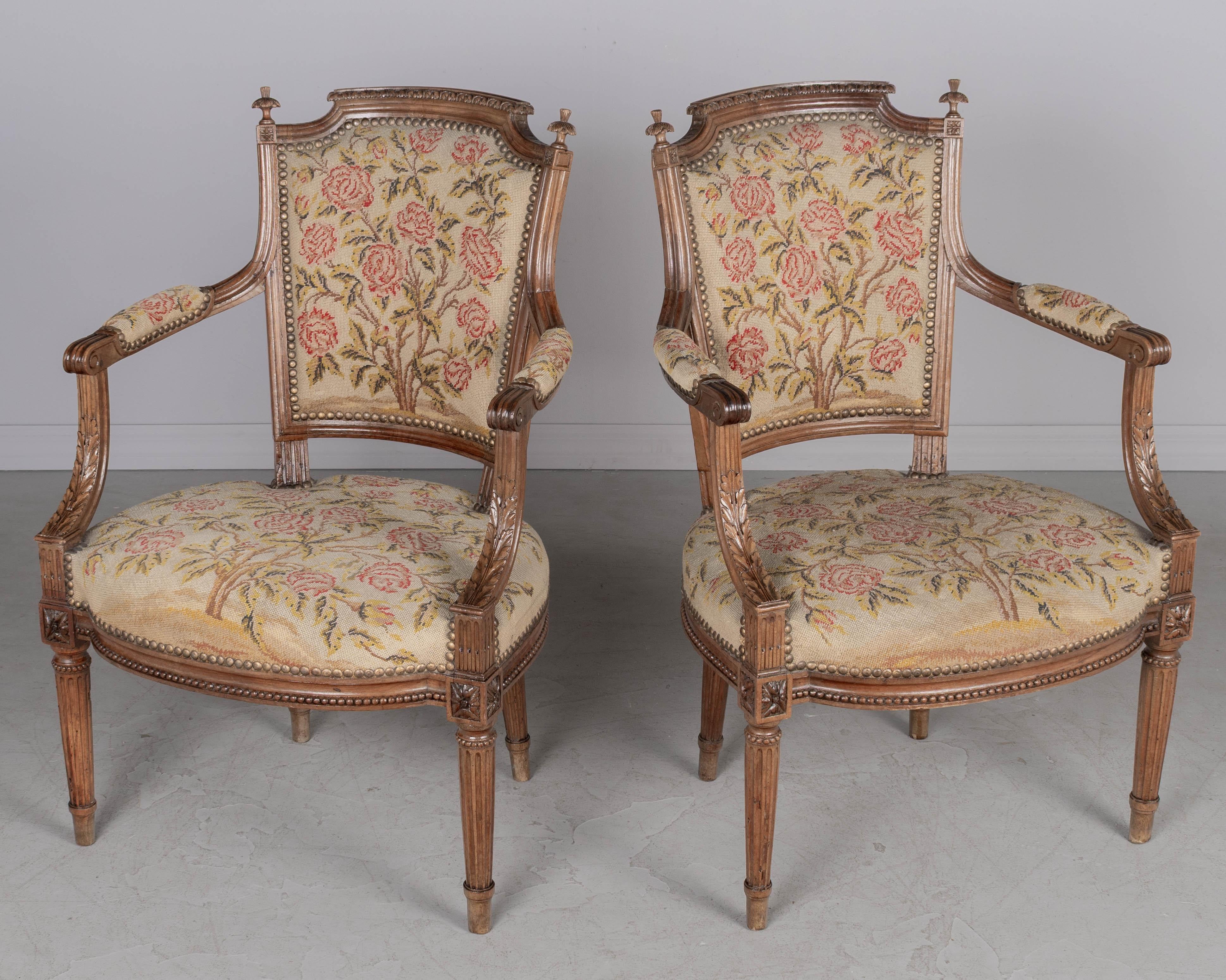 Wool 18th Century Louis XVI Period French Fauteuils, a Pair For Sale