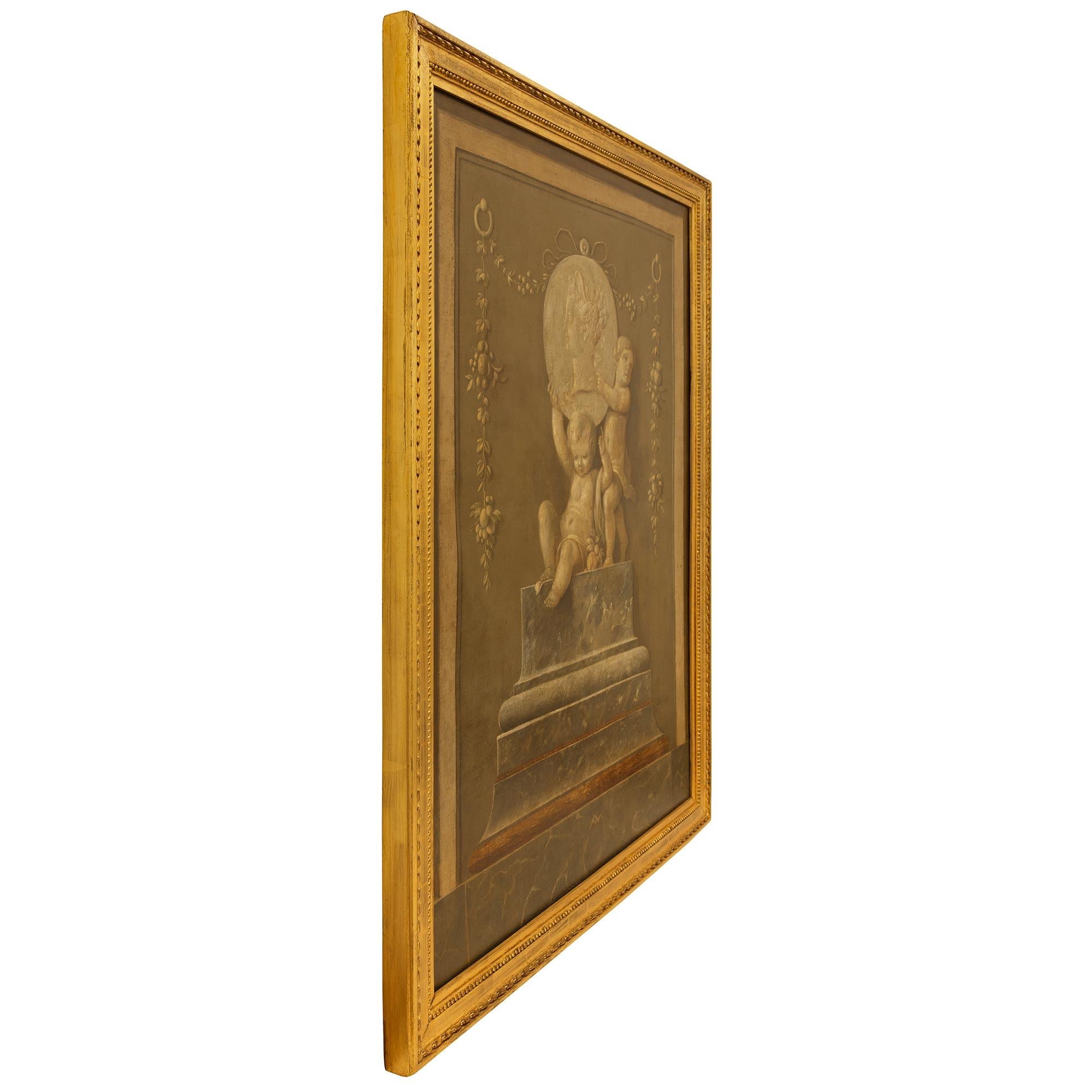 Européen Huile sur toile et grisaille de bois doré du XVIIIe siècle de style Louis XVI en vente