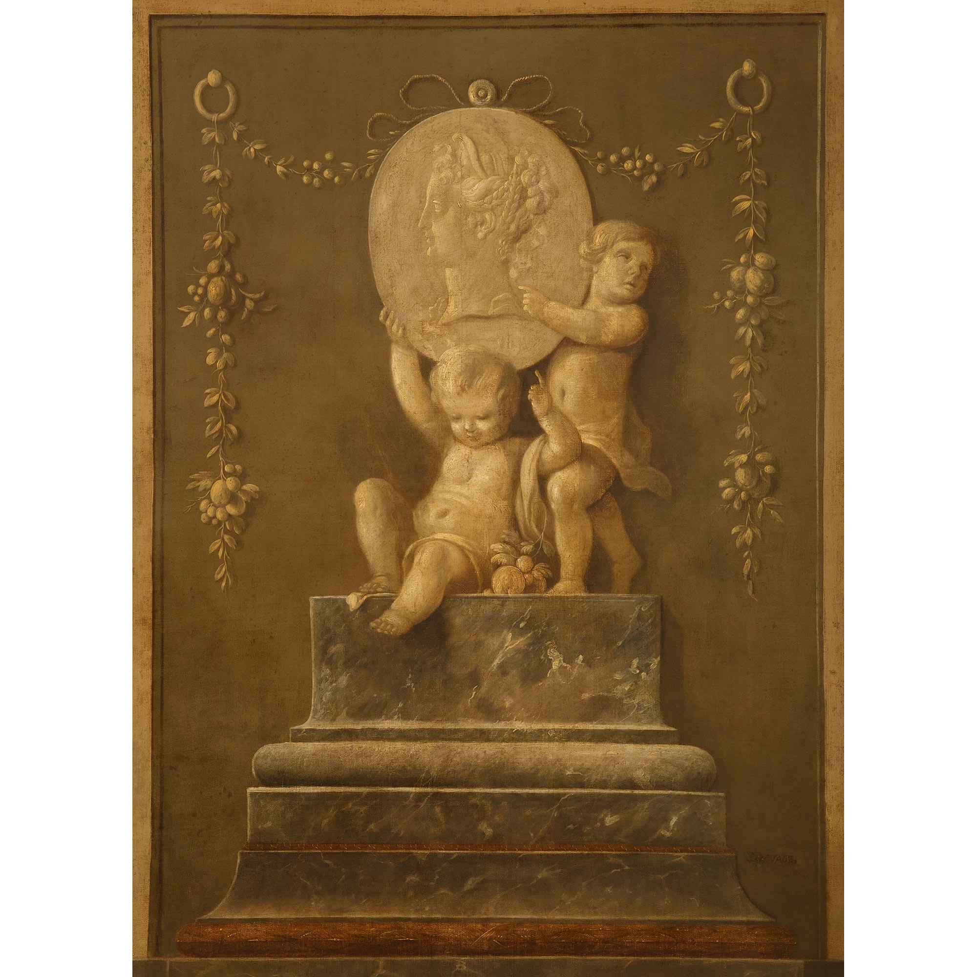 Huile sur toile et grisaille de bois doré du XVIIIe siècle de style Louis XVI Bon état - En vente à West Palm Beach, FL