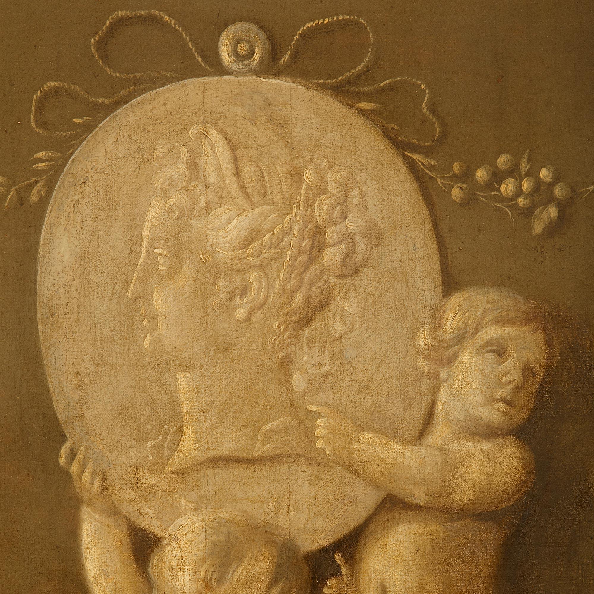 Toile Huile sur toile et grisaille de bois doré du XVIIIe siècle de style Louis XVI en vente