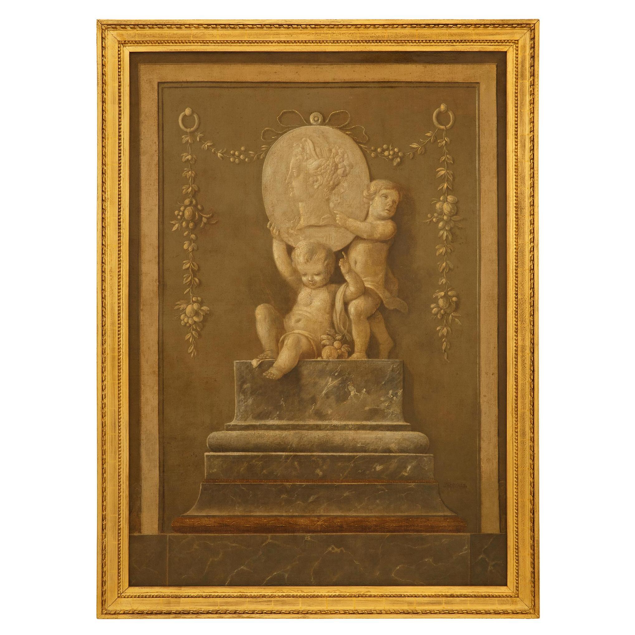 Huile sur toile et grisaille de bois doré du XVIIIe siècle de style Louis XVI